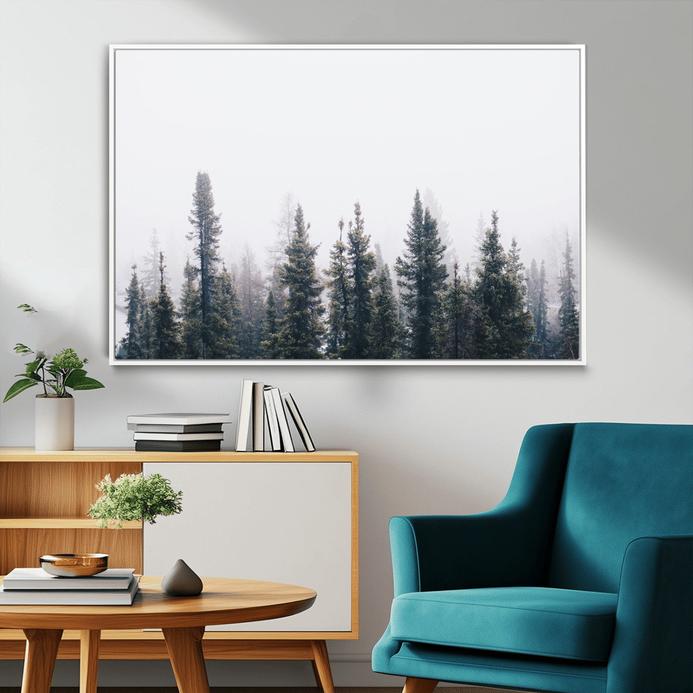 42364796-MGV-FC-36X24_White-Foggy Forest Wall Art Canvas Print, Framed Misty Pines Art Picture Print, Moody Woodland Perfect Scandinavian Minimalist Decor