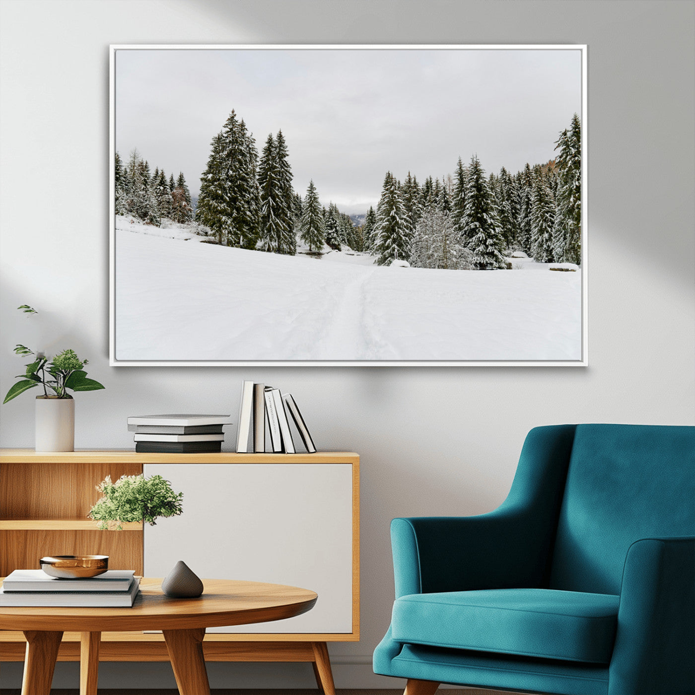 24581417-MGV-FC-36X24_White-Frosty Pines Wall Art Canvas Print, Framed Silent Snowfall Art Picture Print, Cozy Cabin Vibes Perfect Nordic Minimalist Decor