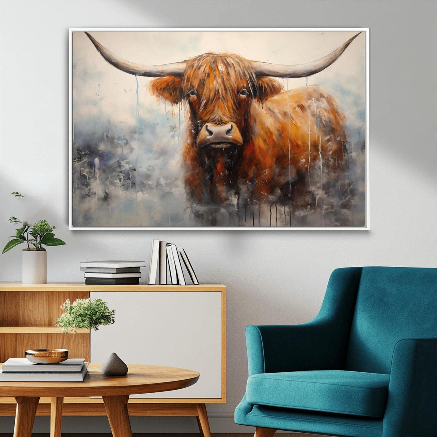 X61001-MGV-FC-36X24_White-Scottish Highland Wall Art Canvas Print, Framed Longhorn Art Picture Print, Western Cow Perfect Farmhouse Decor Artwork