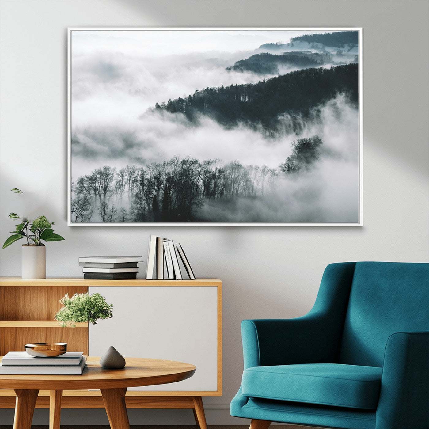 67569654-MGV-FC-36X24_White-Foggy Forest Wall Art – Mist Covered Hills and Trees Landscape Canvas Print, Moody Nature Photography Decor for Living Room,
