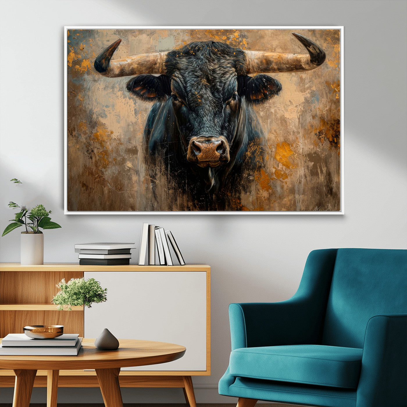 91615410-MGV-FC-36X24_White-Bull Wall Art – Rustic Western Longhorn Canvas Print, Powerful Abstract Animal Painting, Farmhouse Ranch Decor for Living Room,
