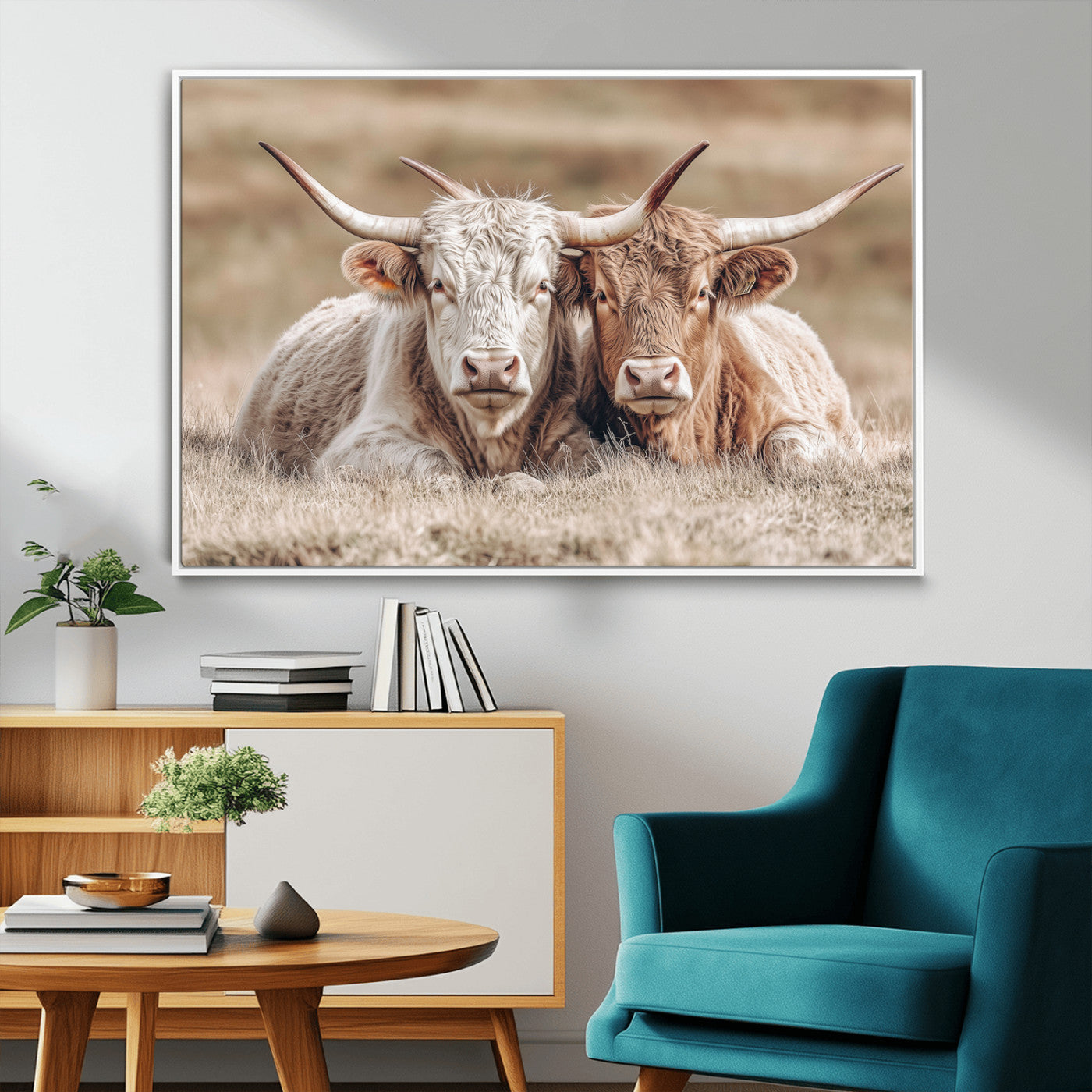 38651722-MGV-FC-36X24_White-Cow Wall Art – Rustic Longhorn Pair Canvas Print, Western Farmhouse Animal Painting, Country Ranch Decor for Living Room, Bedroom,
