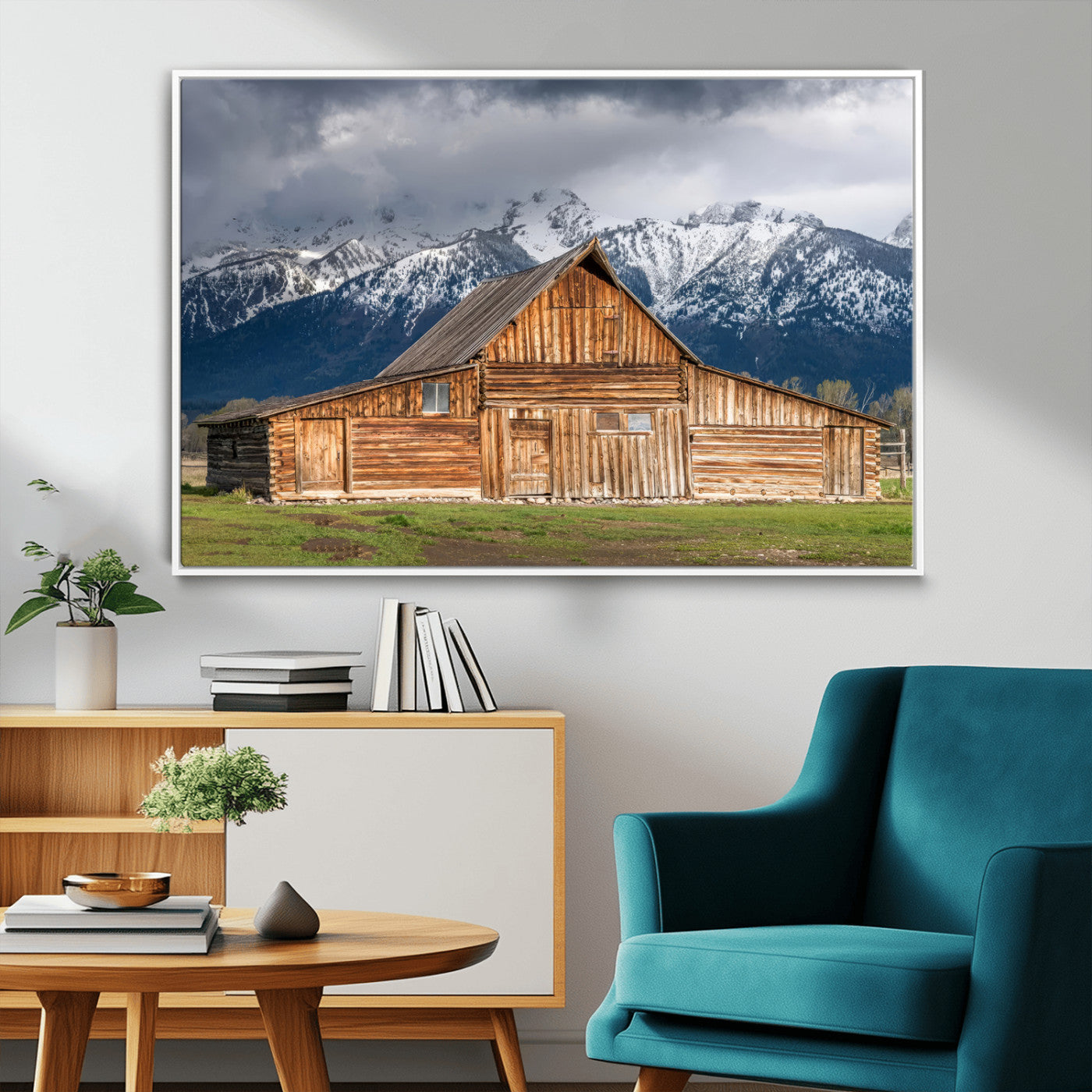 15173627-MGV-FC-36X24_White-Barn Wall Art – Rustic Wooden Cabin Canvas Print with Snowy Mountain Landscape, Western Farmhouse Country Decor for Living Room,