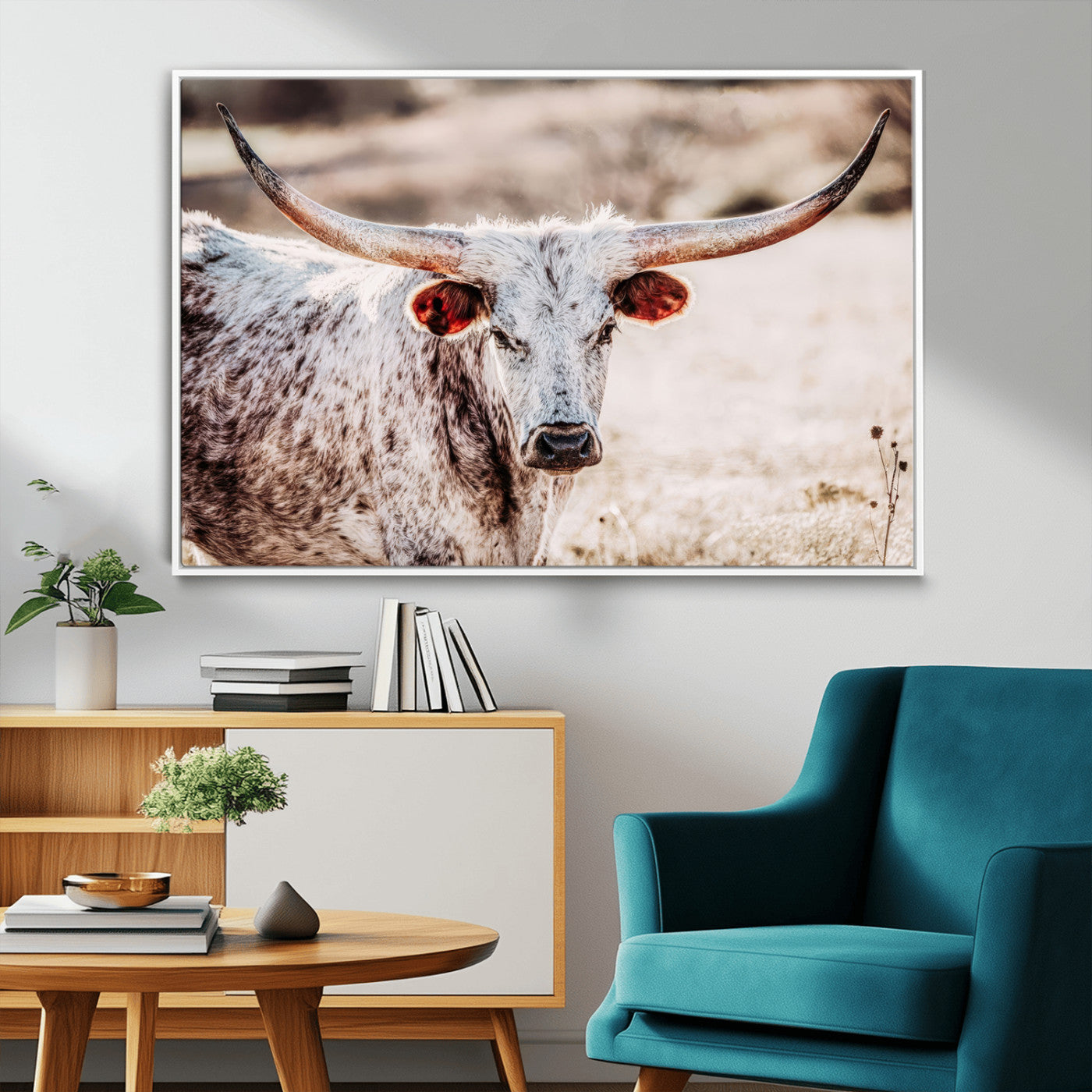 72388892-MGV-FC-36X24_White-Texas Longhorn Wall Art – Rustic Western Canvas Print, Cowboy Style Farmhouse Bull Artwork for Living Room, Ranch, Office or Man