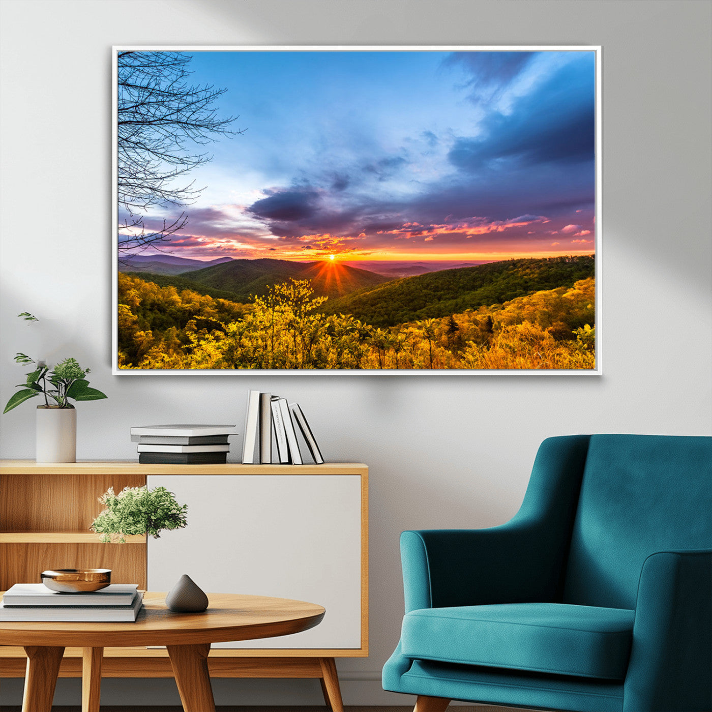25786346-MGV-FC-36X24_White-Sunset Over Mountains Wall Art – Nature Landscape Canvas Print, Golden Hour Forest Photography, Scenic Sunrise Artwork for Living