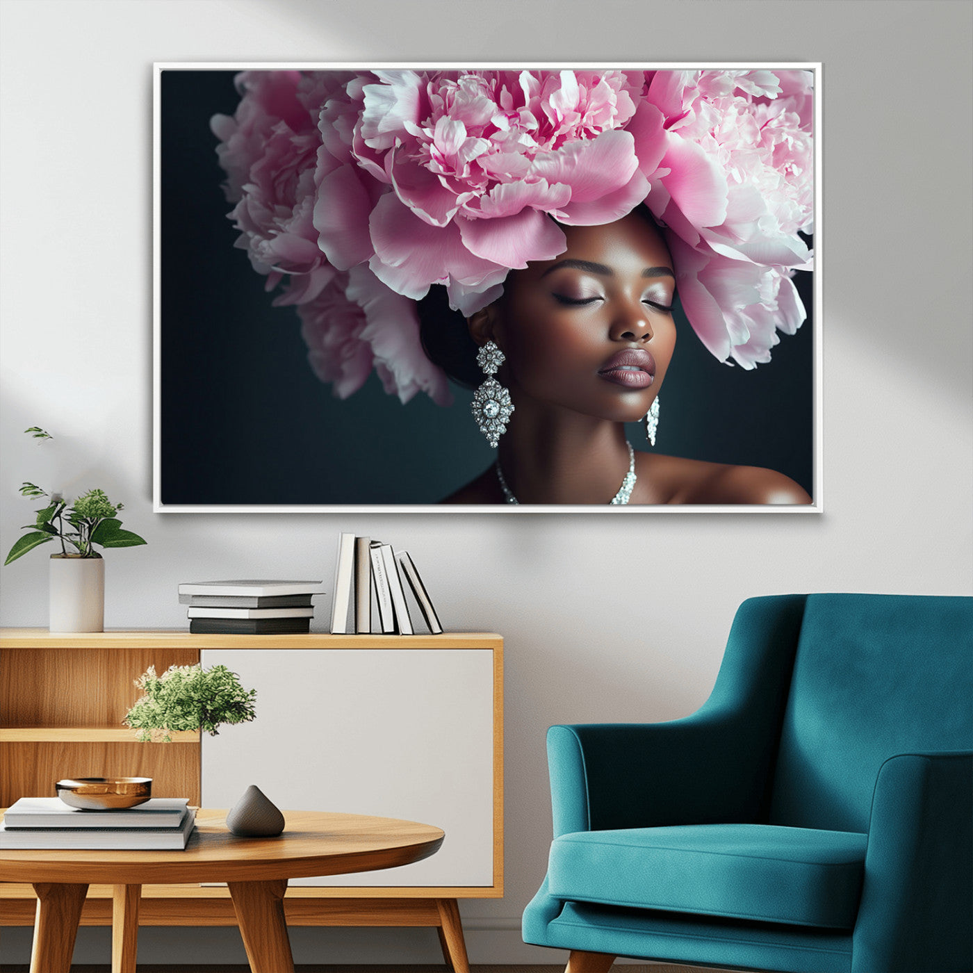 35482880-MGV-FC-36X24_White-Floral Portrait Wall Art – Elegant Woman with Pink Peony Headpiece Canvas Print, Luxury Fashion Inspired Artwork, Modern Glam