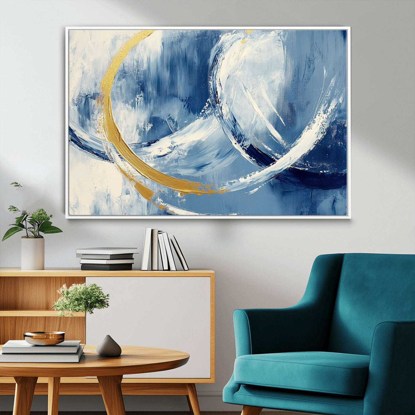 42475677-MGV-FC-36X24_White-Blue and Gold Abstract Wall Art – Modern Luxury Canvas Print, Navy White Brushstroke Painting, Contemporary Home Office Living