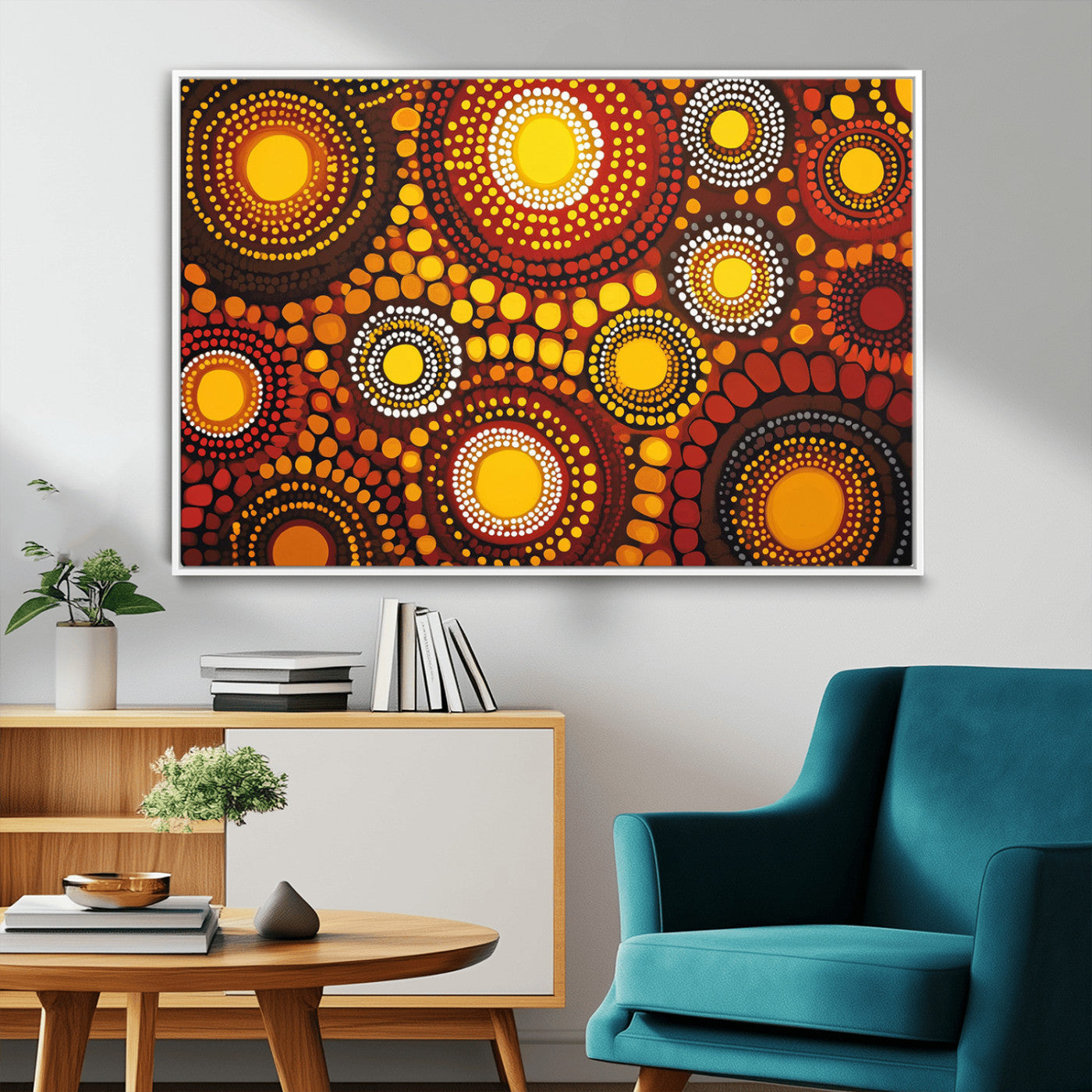 81120549-MGV-FC-36X24_White-Abstract Dot Painting Wall Art – Vibrant Tribal Boho Style Canvas Print with Sunburst Mandala Circles in Warm Red, Yellow, Orange