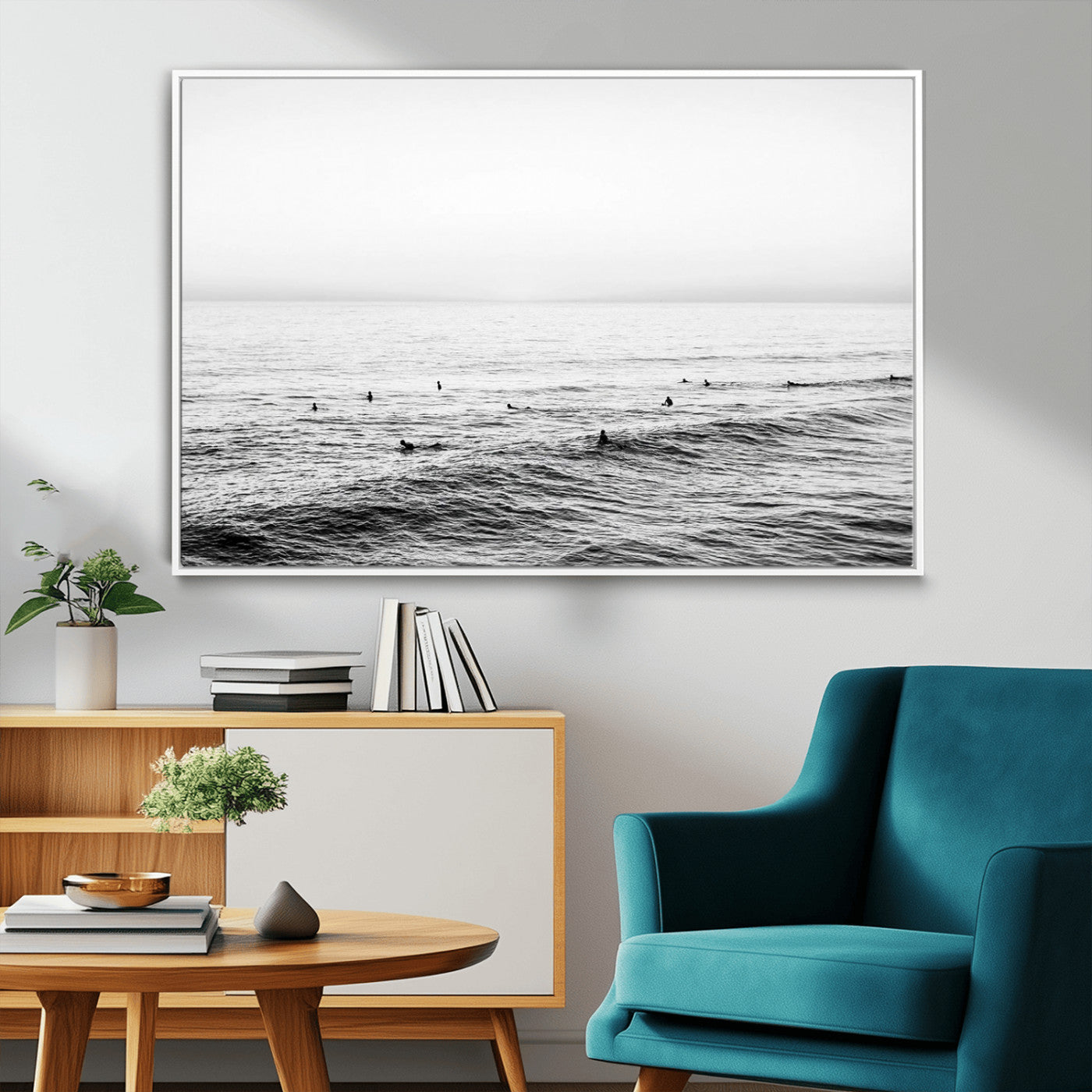 47208268-MGV-FC-36X24_White-Surfer Ocean Wall Art – Black and White Coastal Canvas Print, Minimalist Surfing Seascape Decor for Living Room, Bedroom, or Beach