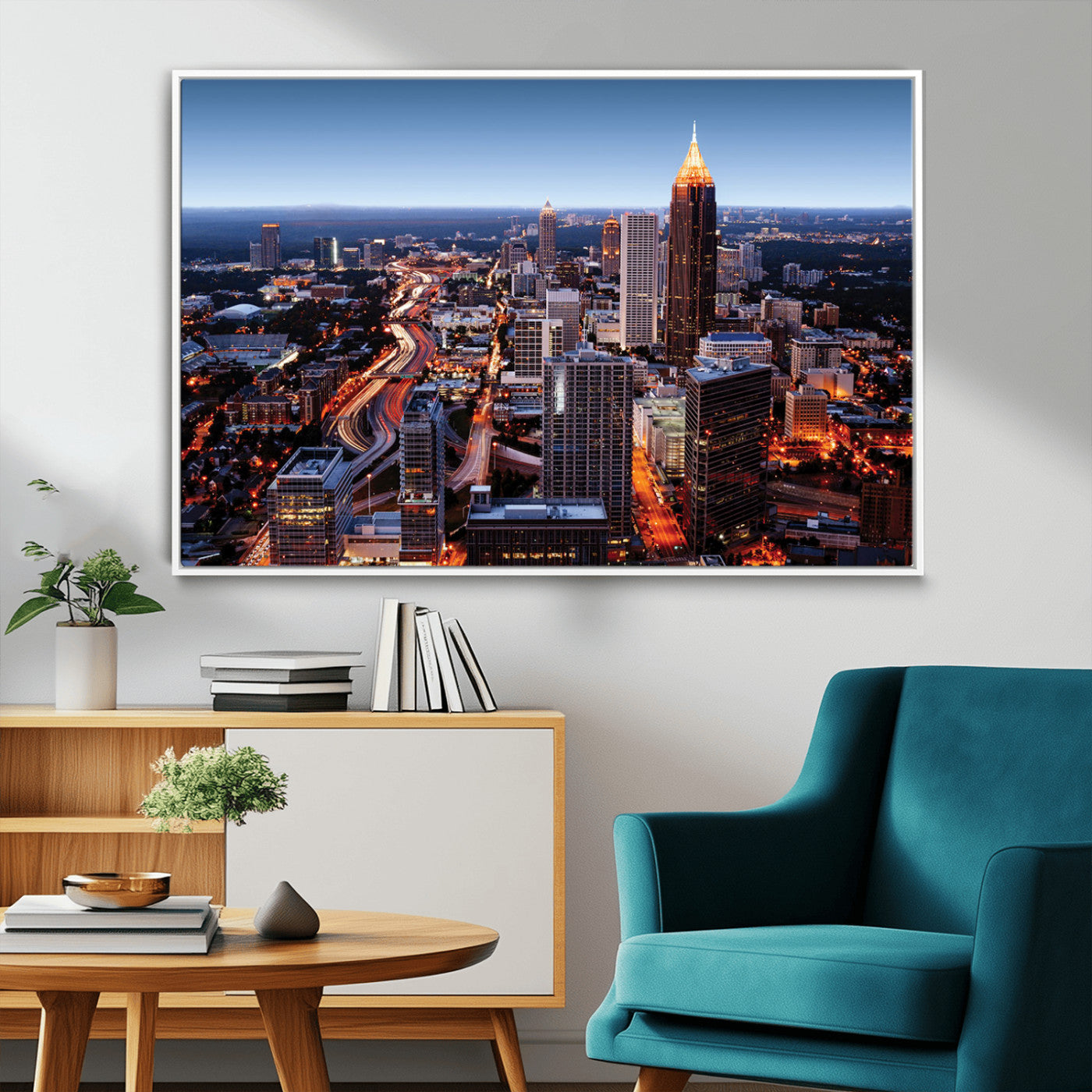 81886632-MGV-FC-36X24_White-Atlanta Skyline Wall Art – Vibrant City Lights Canvas Print, Modern Urban Cityscape Decor for Living Room, Office, or Apartment