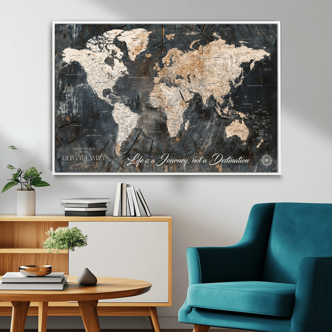 37848568-MGV-CV-36X24-Life is a Journey Not a Destination World Map Rustic Wood Texture Vintage Beige Navy Adventure Wall Art Canvas Print for Home