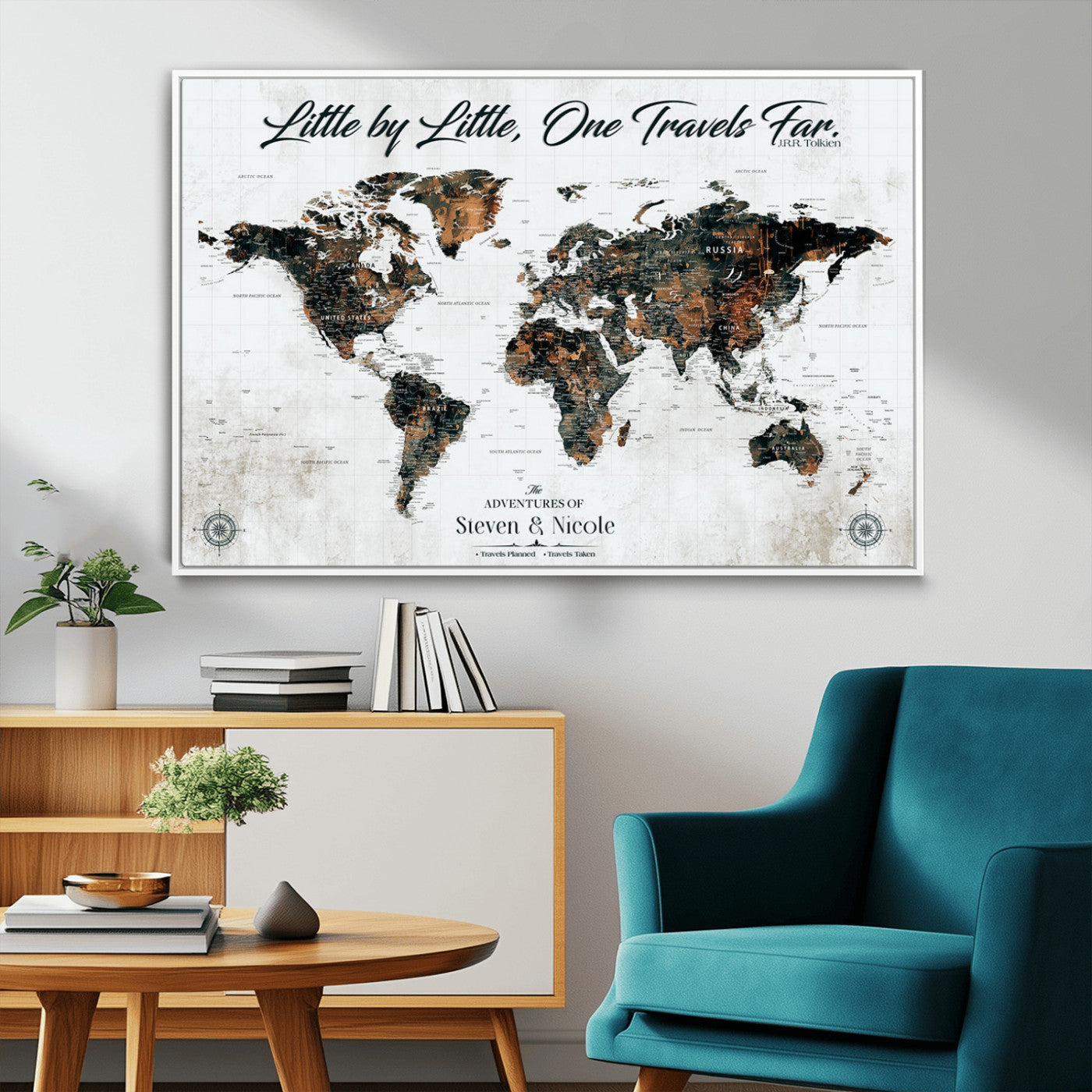 88337180-MGV-CV-36X24-Little by Little One Travels Far Tolkien Quote World Map Rustic Black Brown Adventure Wall Art Canvas Print for Home Office Living