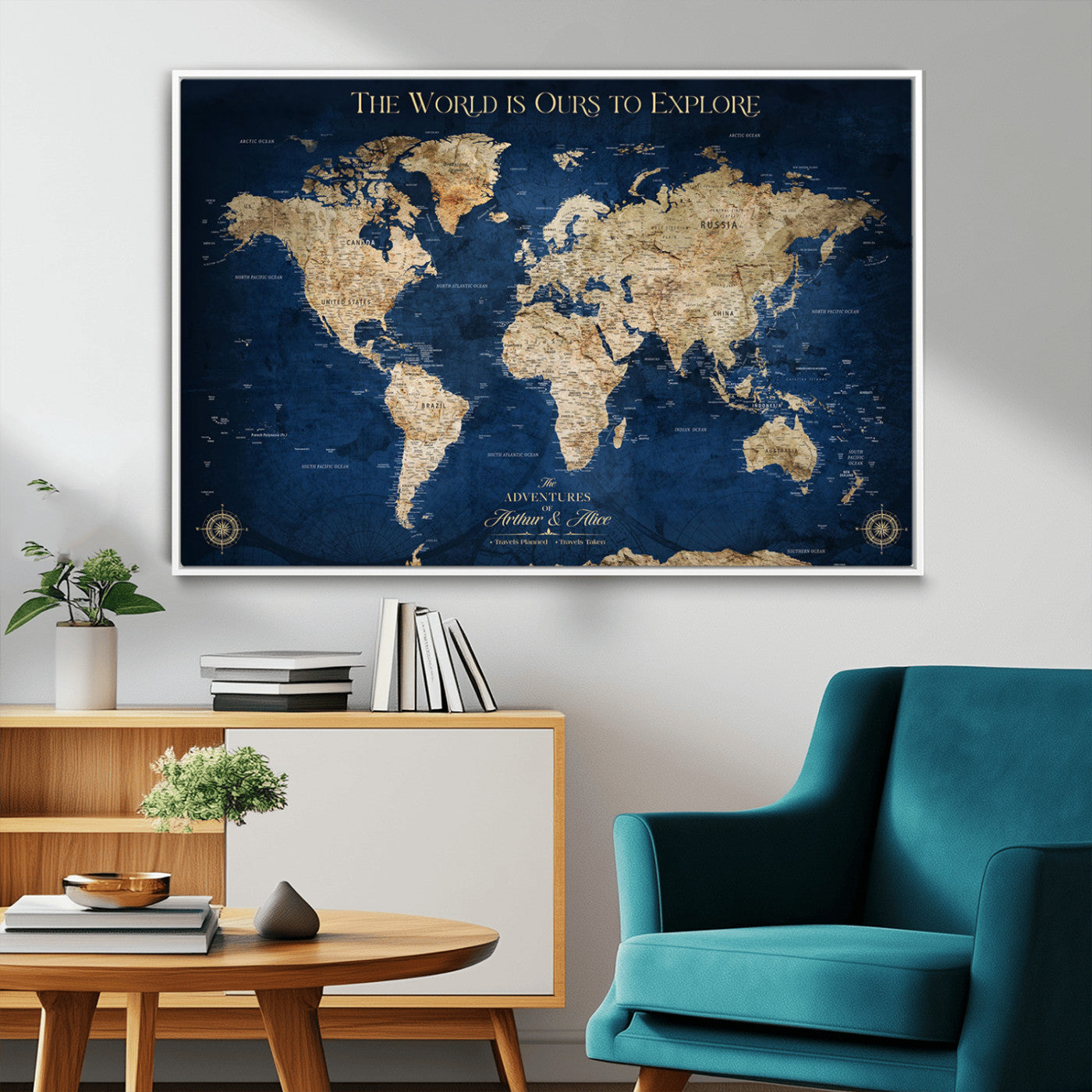 54782997-MGV-FC-36X24_White-The World is Ours to Explore Wall Art – Blue World Map Canvas Print, Adventure Travel Decor for Home, Office or Living Room,