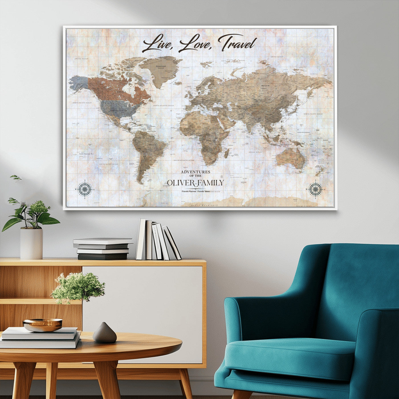 43924907-MGV-CV-36X24-Live Love Travel Wall Art – Neutral World Map Canvas Print, Rustic Adventure Decor for Home, Office or Living Room, Unique Gift