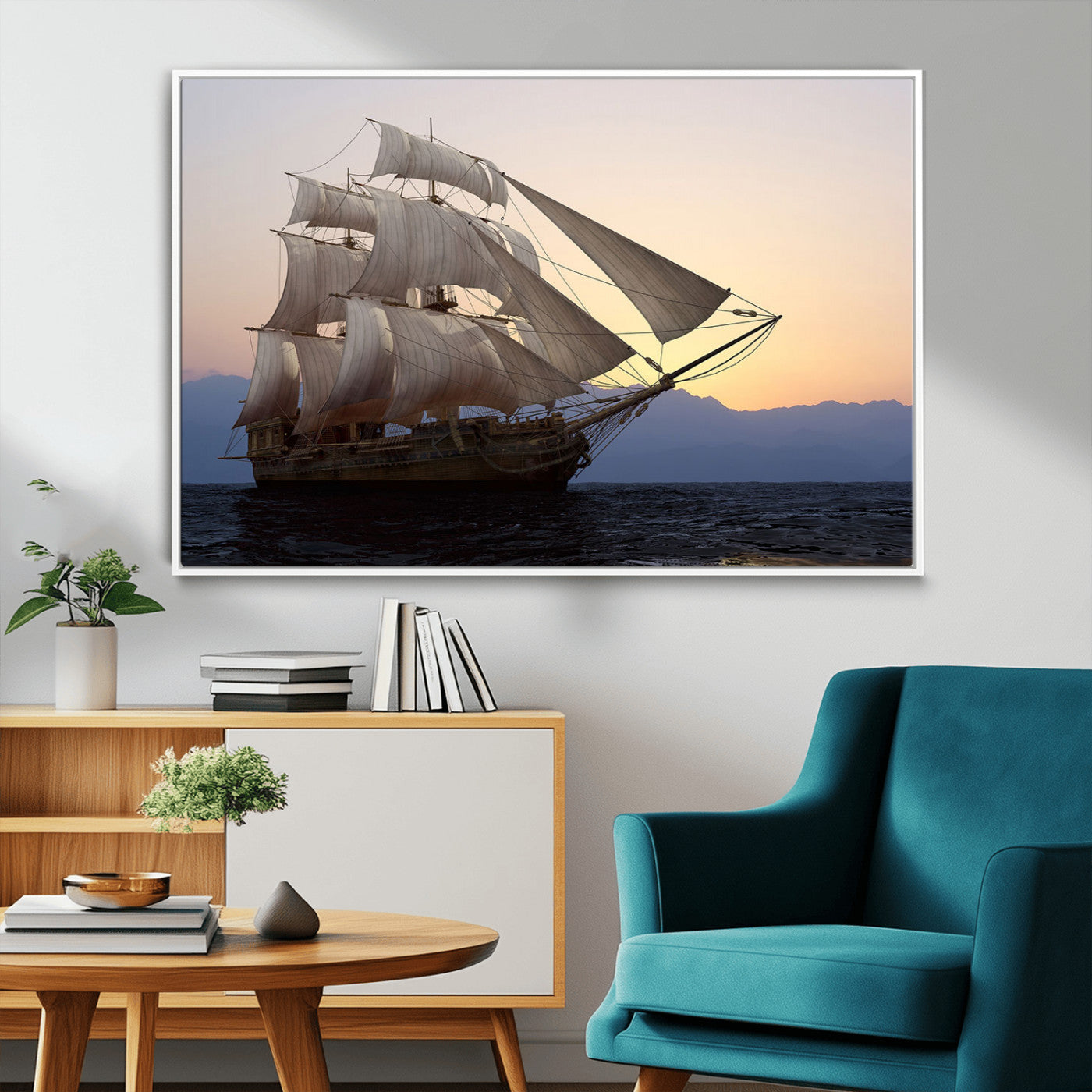 31270610-MGV-FC-36X24_White-Sailing Ship Wall Art – Sunset Seascape Canvas Print with Tall Ship at Sea, Nautical Ocean Decor for Living Room, Office, or
