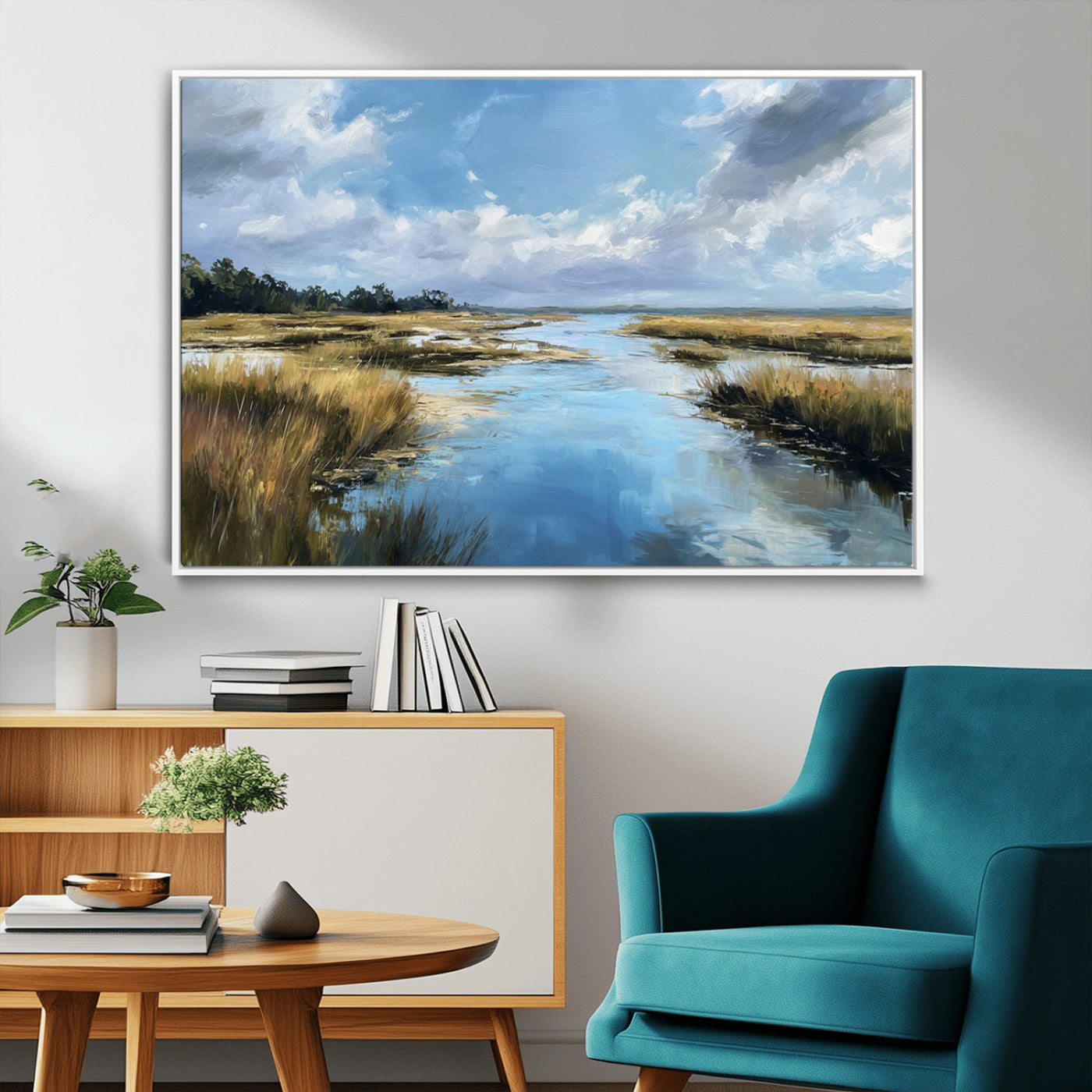 87082041-MGV-CV-36X24-Painted Marshland Canvas Wall Art – Serene Water Reflection, Blue Sky, Golden Grass Landscape, Calm Nature Decor for Home, Office,