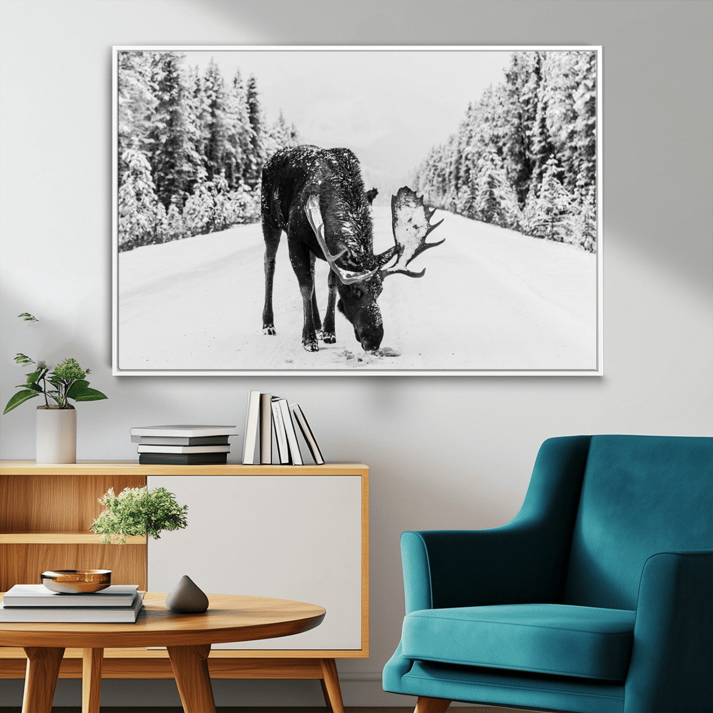 38956835-MGV-CV-36X24-Moose Winter Snowy Forest Canvas Wall Art – Wildlife Nature, Antlers in Frozen Landscape, Quiet Path, Cold Season Outdoors Print