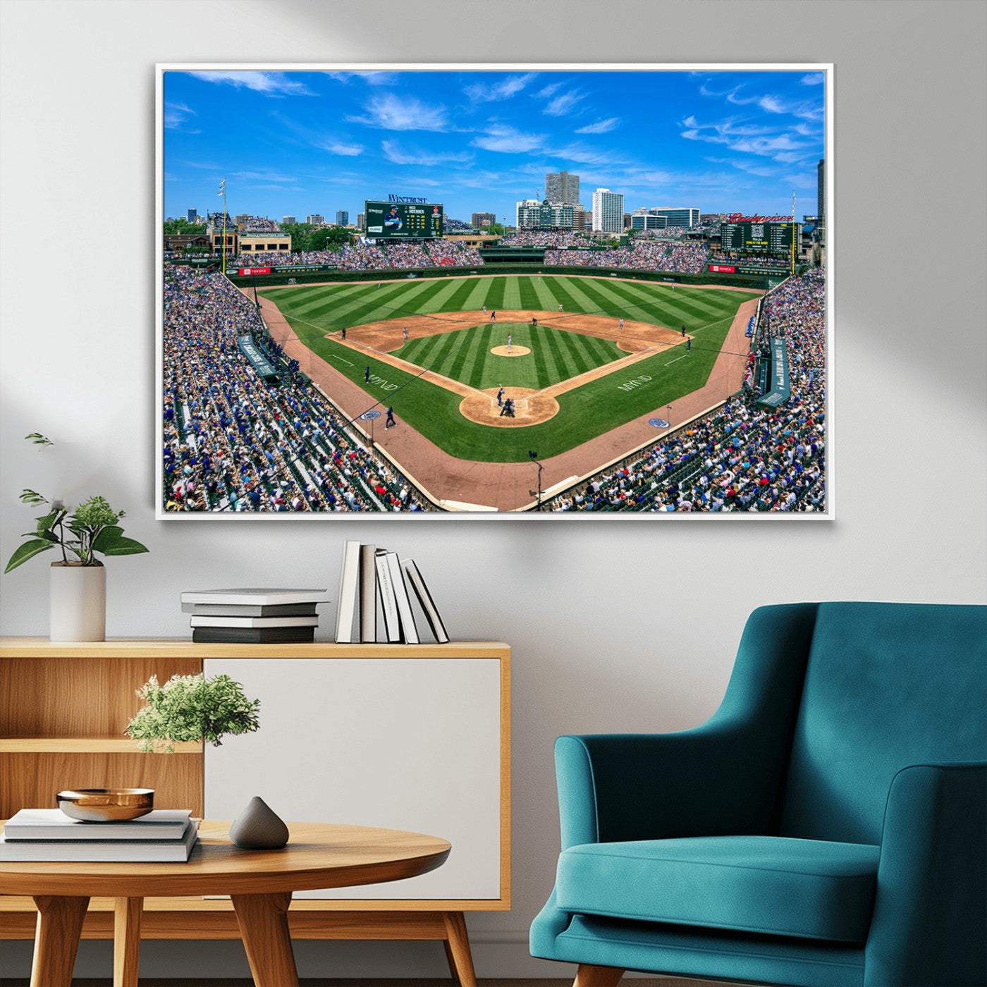 56213978-MGV-FC-36X24_White-Baseball Stadium Wall Art – Panoramic Ballpark Canvas Print with Fans, Green Field and City Skyline, Classic Sports Photography