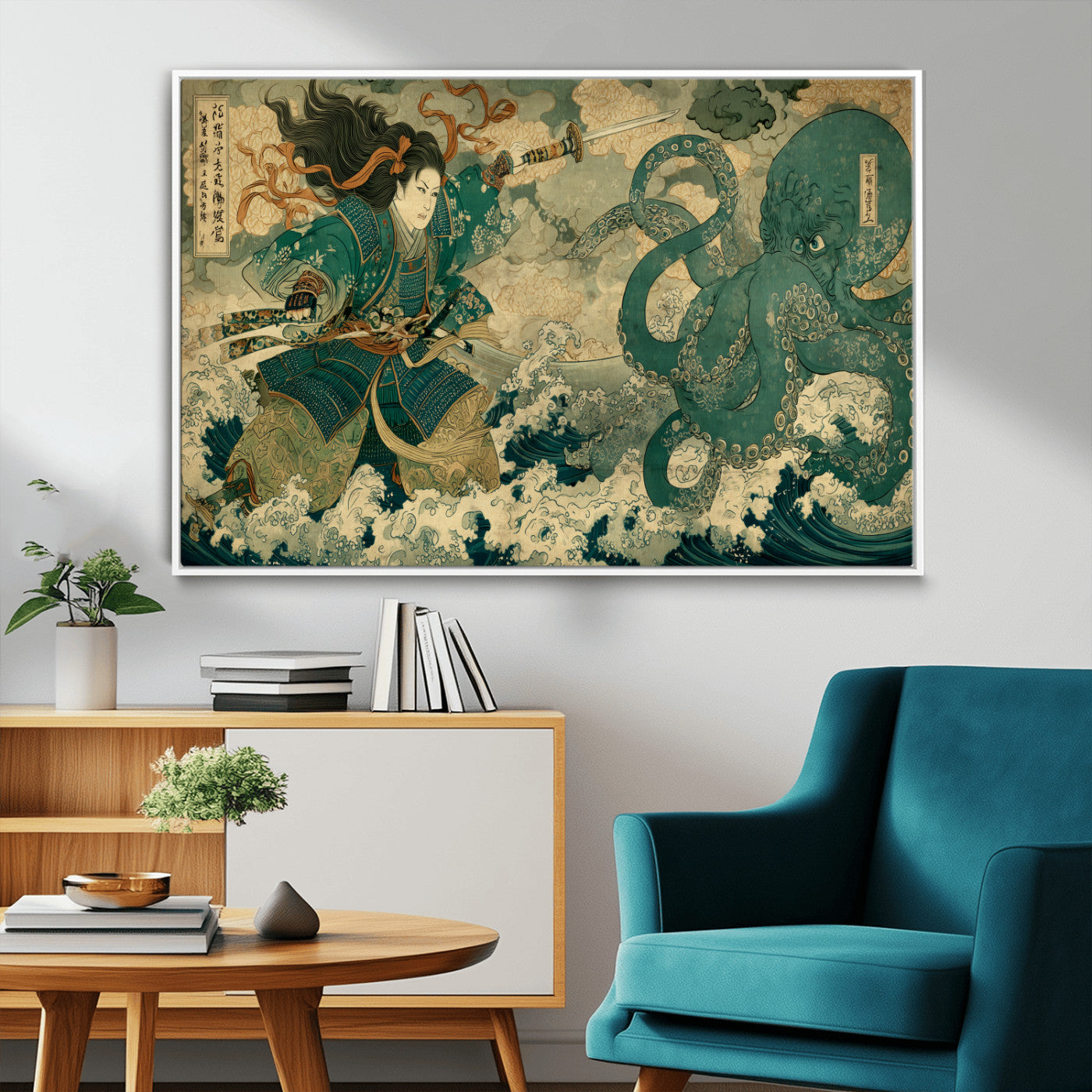24416422-MGV-CV-36X24-Samurai vs Octopus Wall Art – Japanese Warrior Ocean Battle Canvas Print, Ukiyo e Inspired Decor for Home, Office, or Man Cave