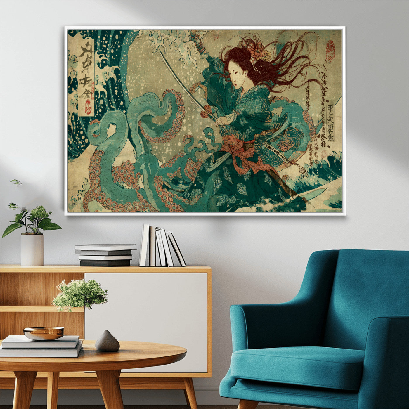 86918027-MGV-FC-36X24_White-Samurai Warrior vs Octopus Wall Art – Japanese Ukiyo-e Ocean Battle Canvas Print, Traditional Samurai Artwork for Living Room,