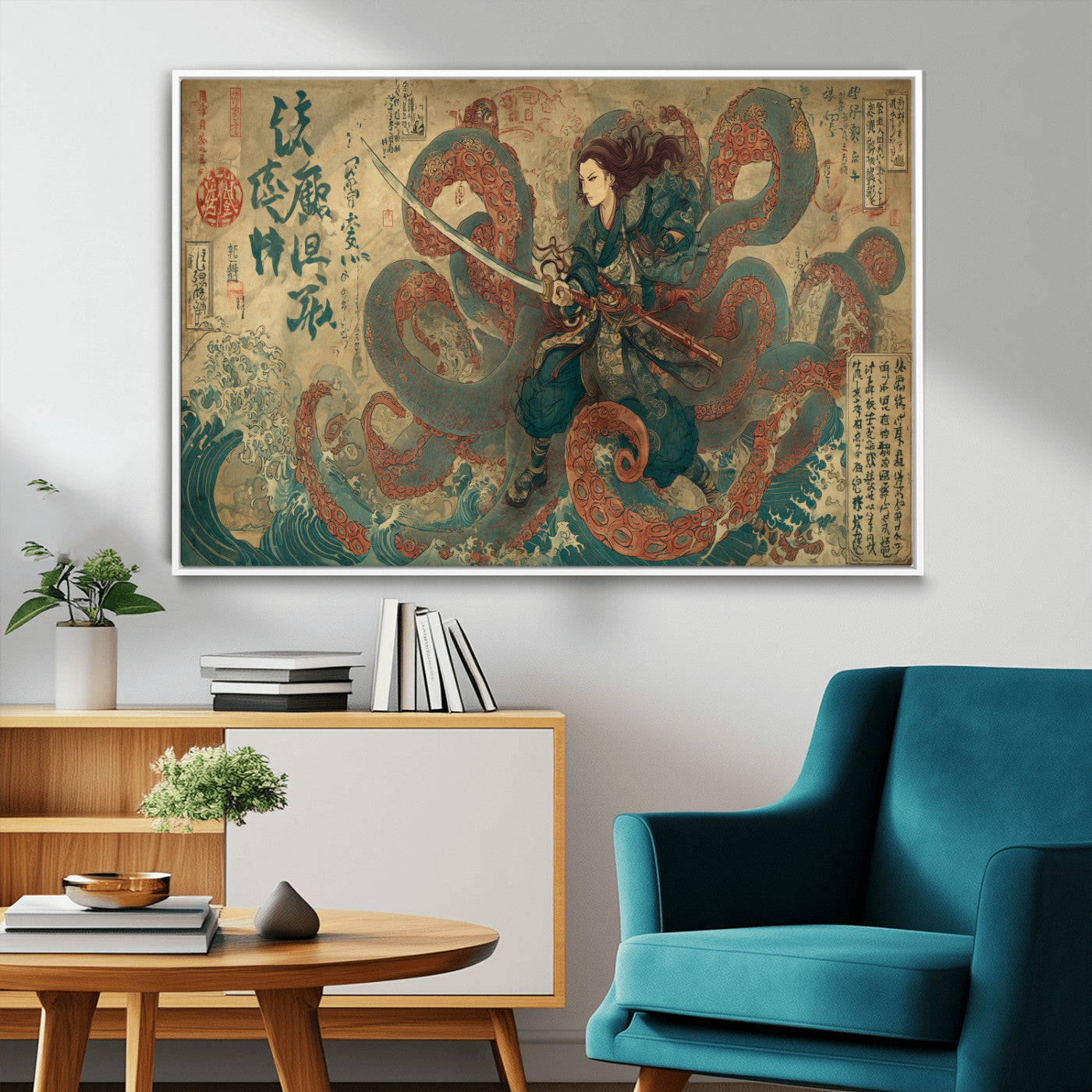 98593115-MGV-FC-36X24_White-Samurai Warrior vs Octopus Wall Art – Japanese Ukiyo-e Calligraphy Canvas Print, Ocean Battle Scene Artwork for Living Room,