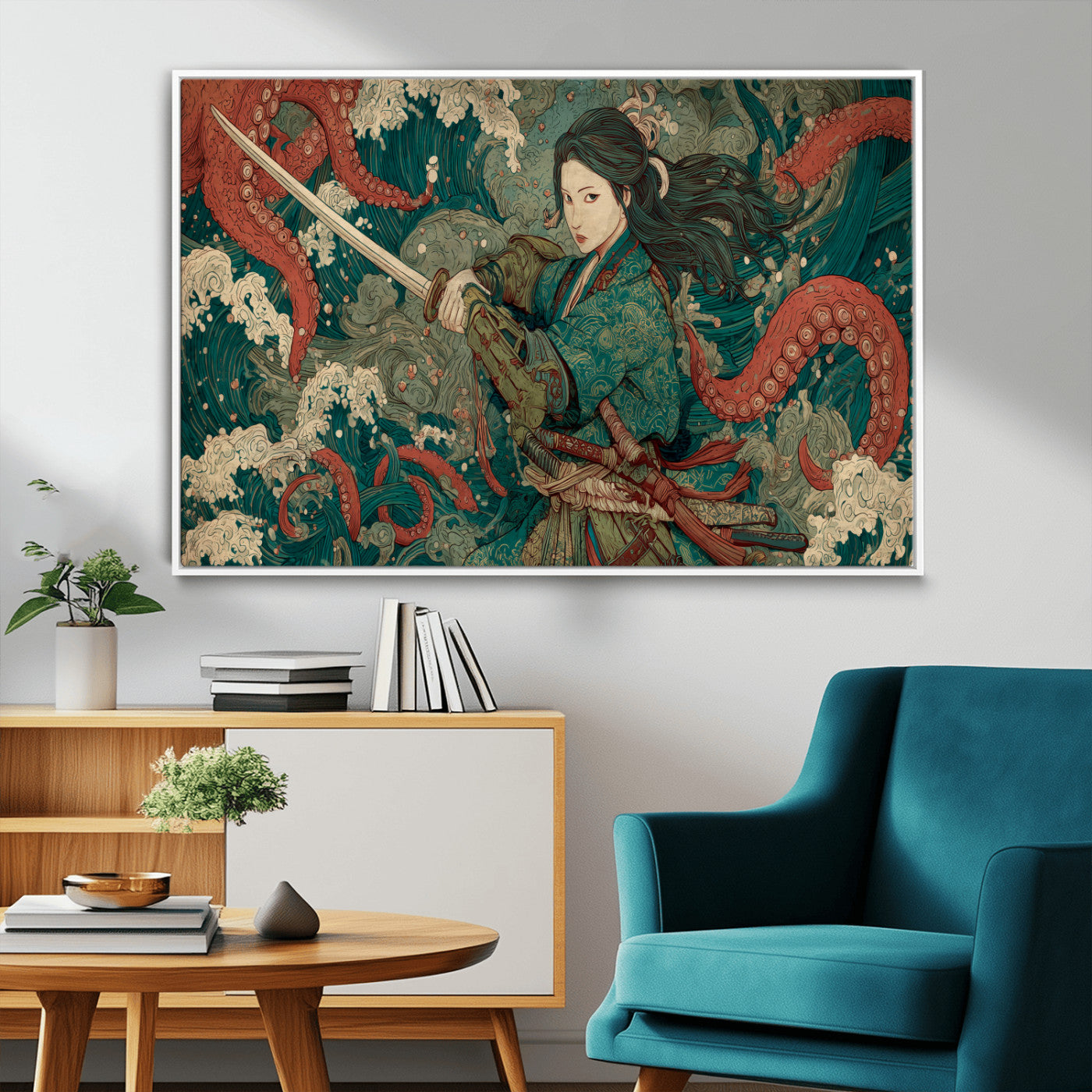 35461724-MGV-FC-36X24_White-Samurai Woman vs Octopus Wall Art – Japanese Ukiyo-e Ocean Waves Canvas Print, Red Tentacle Battle Artwork for Living Room,