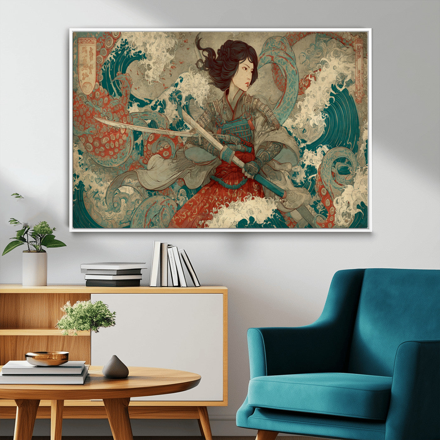 37797255-MGV-FC-36X24_White-Samurai Woman vs Octopus Wall Art – Japanese Ukiyo-e Red Armor Ocean Battle Canvas Print, Warrior Artwork for Living Room, Office,
