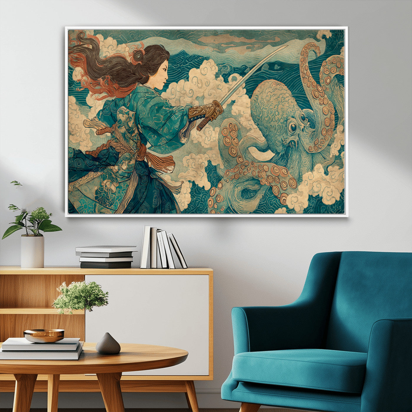 99764195-MGV-FC-36X24_White-Samurai vs Octopus Wall Art – Japanese Ukiyo-e Style Warrior and Sea Monster Canvas Print, Mythology Inspired Artwork for Living