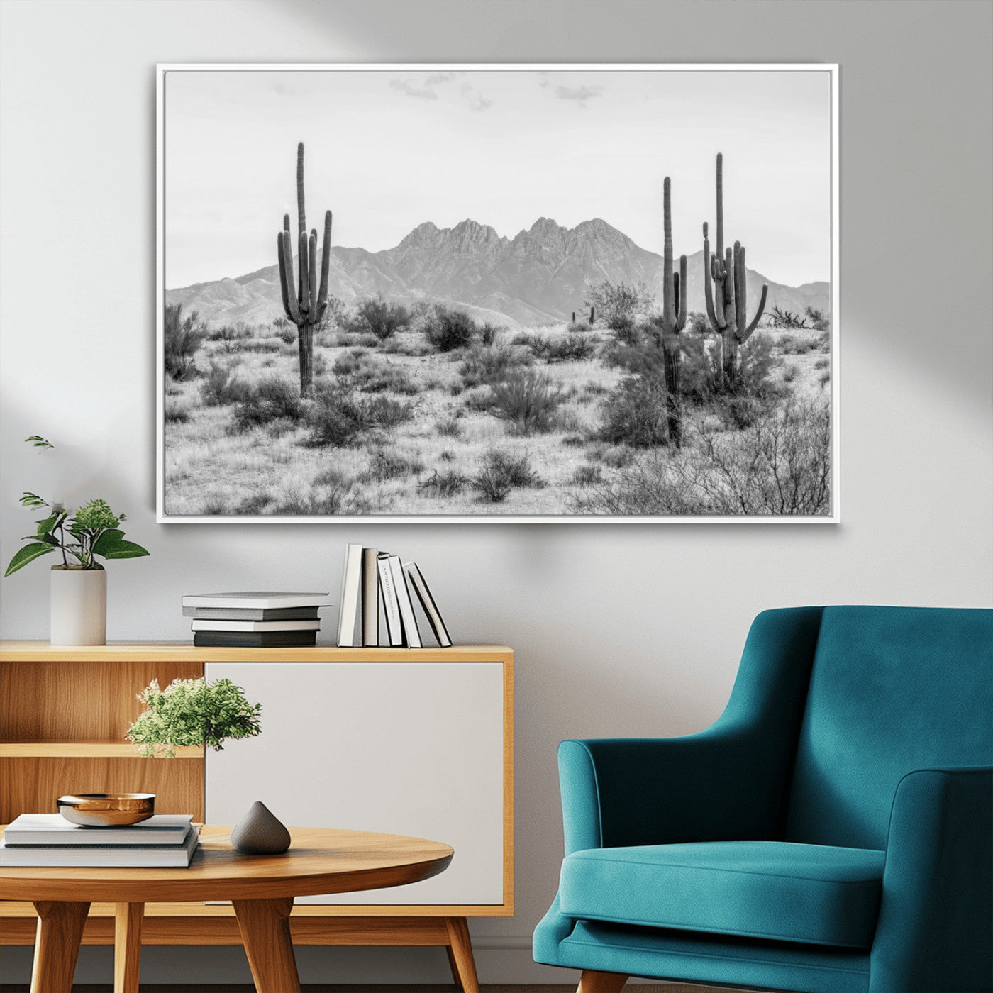 97436PHN-MGV-CV-36X24-Desert Landscape Wall Art – Black and White Cactus and Mountain Canvas Print, Southwestern Nature Photography for Living Room,