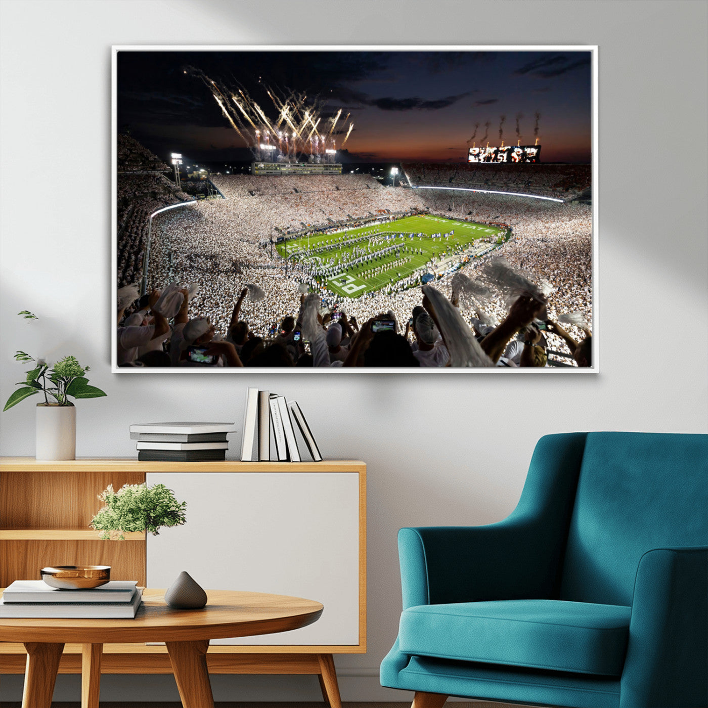 Penn-MGV-FC-36X24_White-Football Stadium Wall Art – Panoramic Night Game Canvas Print, Packed Crowd with Fireworks, Sports Decor for Office, Man Cave, Bar