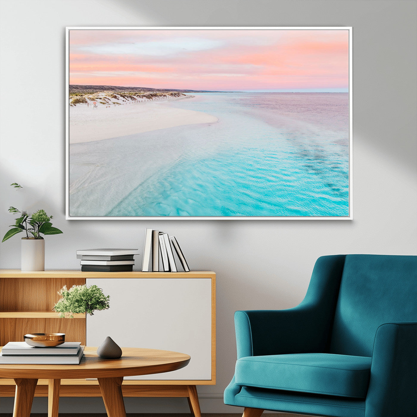 41613614-MGV-FC-36X24_White-Beach Sunset Wall Art – Pastel Ocean Canvas Print, Turquoise Water and Pink Sky Photography Decor for Bedroom, Living Room, Office