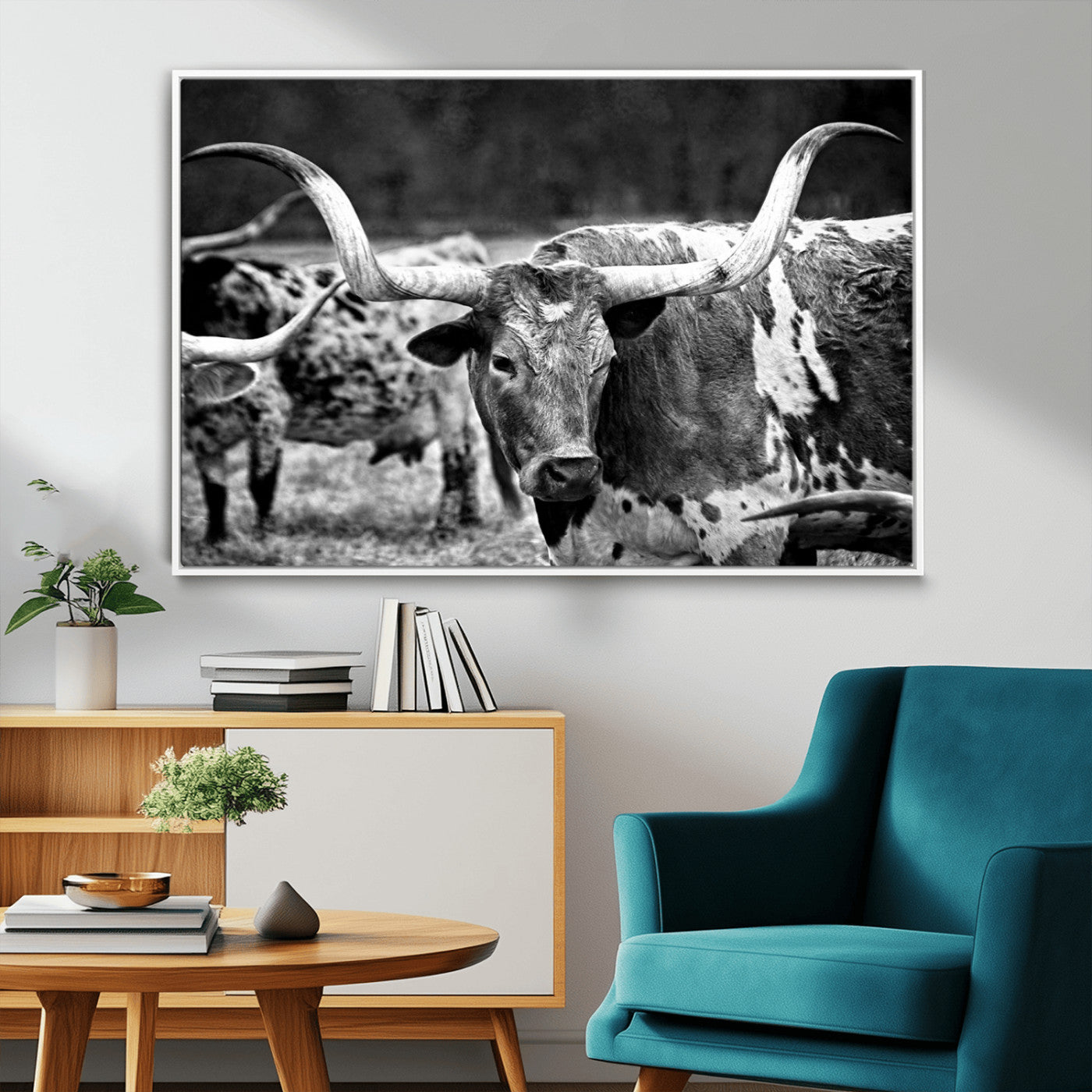 15425553-MGV-FC-36X24_White-Western Wall Art – Longhorn Cattle Black and White Canvas Print, Rustic Ranch Photography Decor for Bedroom, Living Room, Office,