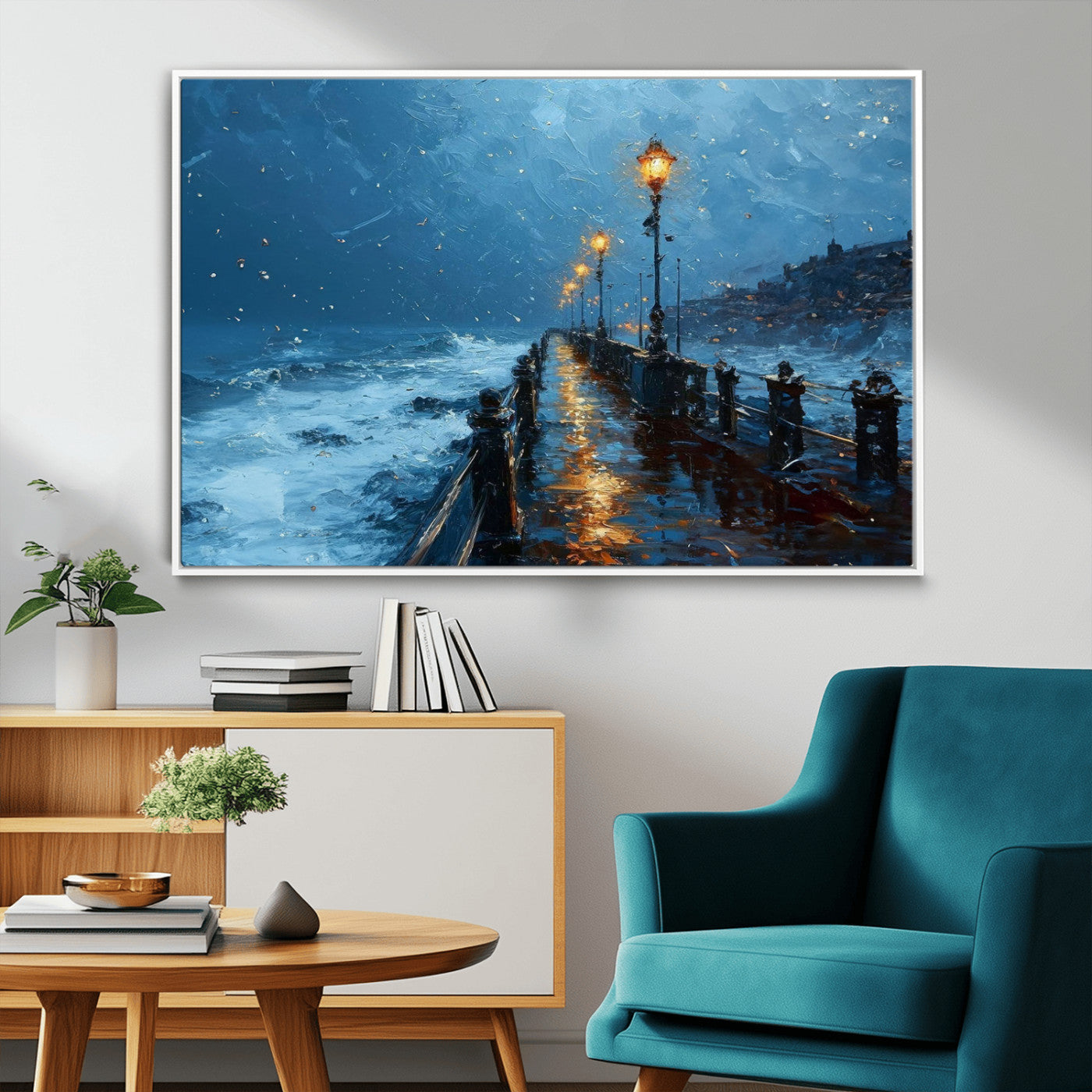 93793246-MGV-CV-36X24-Stormy Night Pier Canvas Wall Art – Moody Ocean Landscape with Lights, Blue Coastal Seascape Print for Bedroom, Living Room,