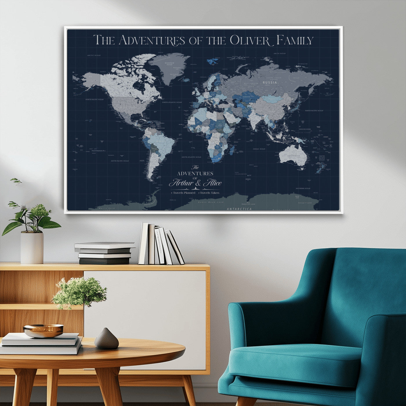 76726424-MGV-CV-36X24-Personalized World Map Wall Art – Navy Blue & Grey Adventure Travel Map with Custom Family or Couple Names, Modern Wall Decor for