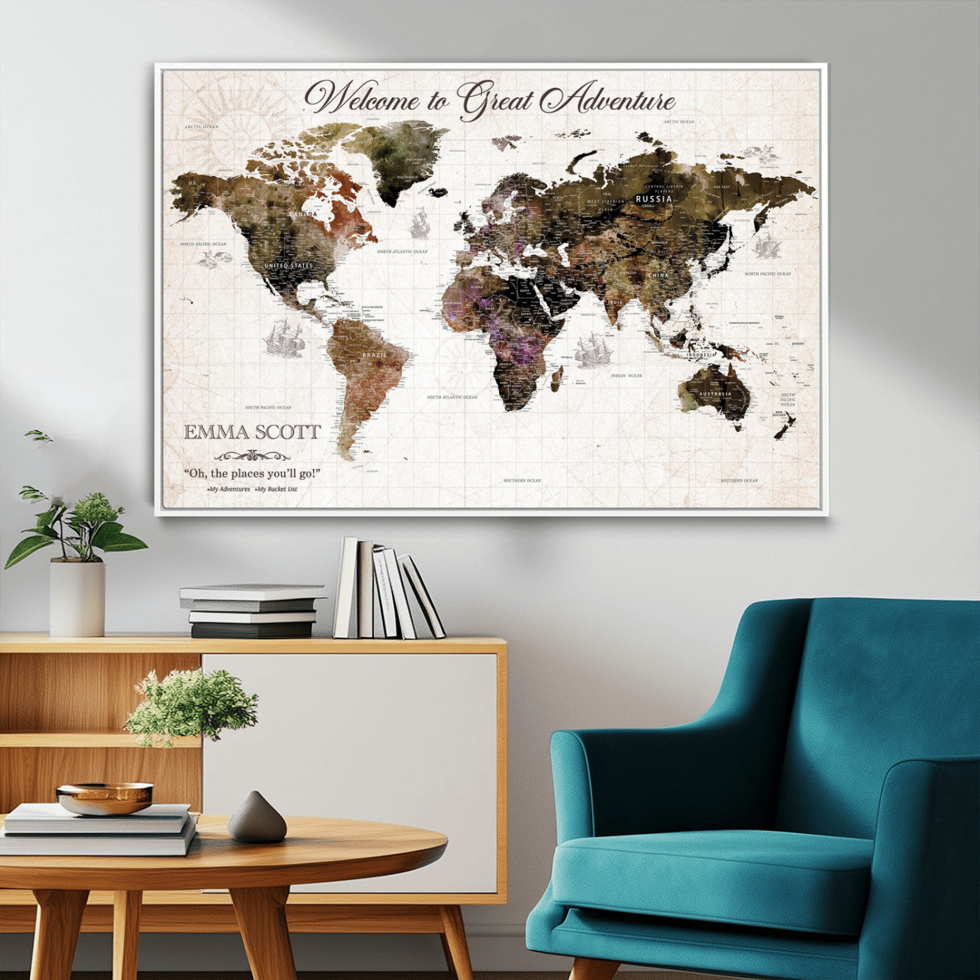 33631532-MGV-FC-36X24_White-Personalized World Map Wall Art – Dark Vintage Adventure Travel Map with Custom Names, Rustic Wall Decor for Couples, Home or