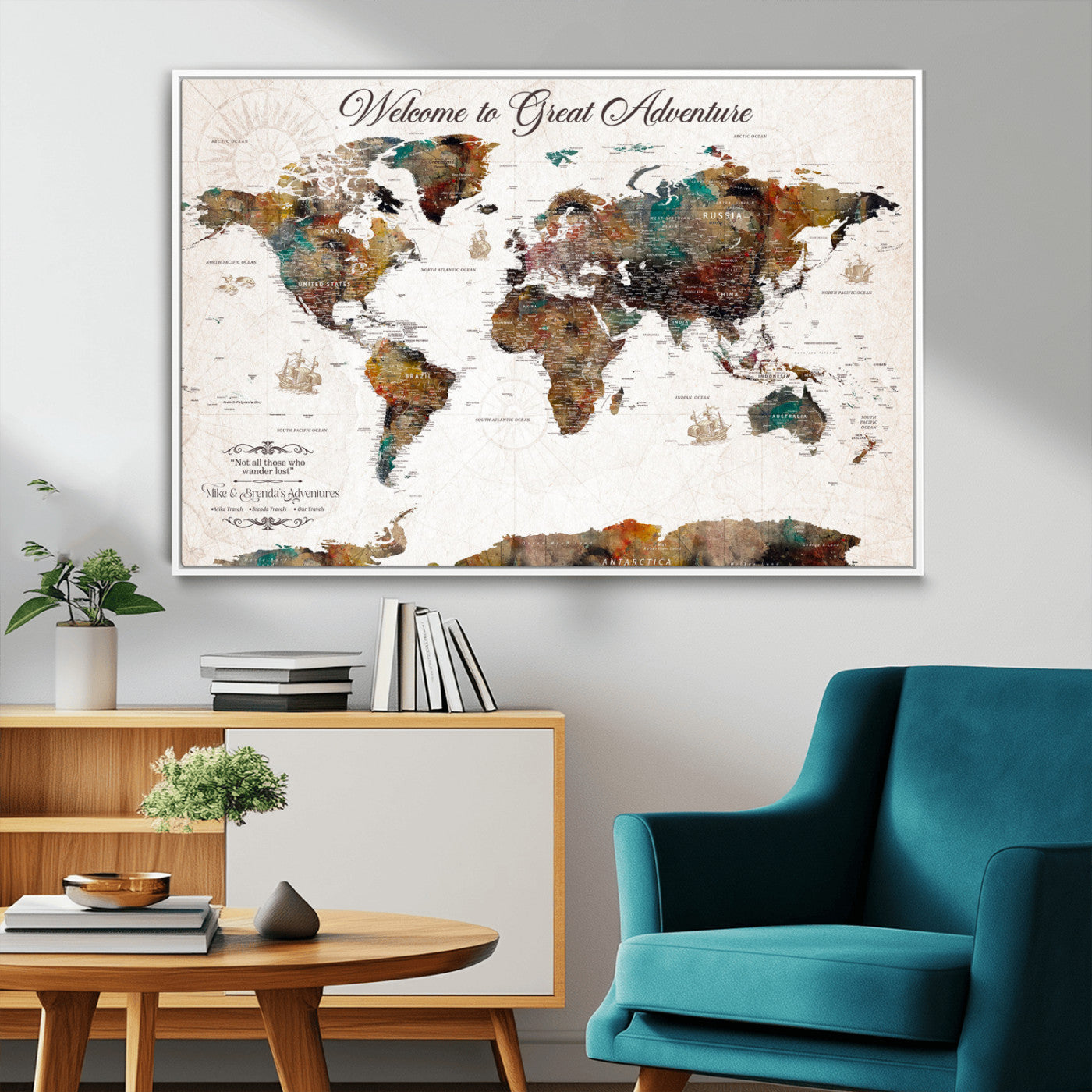 67029173-MGV-FC-36X24_White-Personalized World Map Wall Art – Colorful Vintage Adventure Travel Map with Custom Couple Names, Rustic Wall Decor for Home,