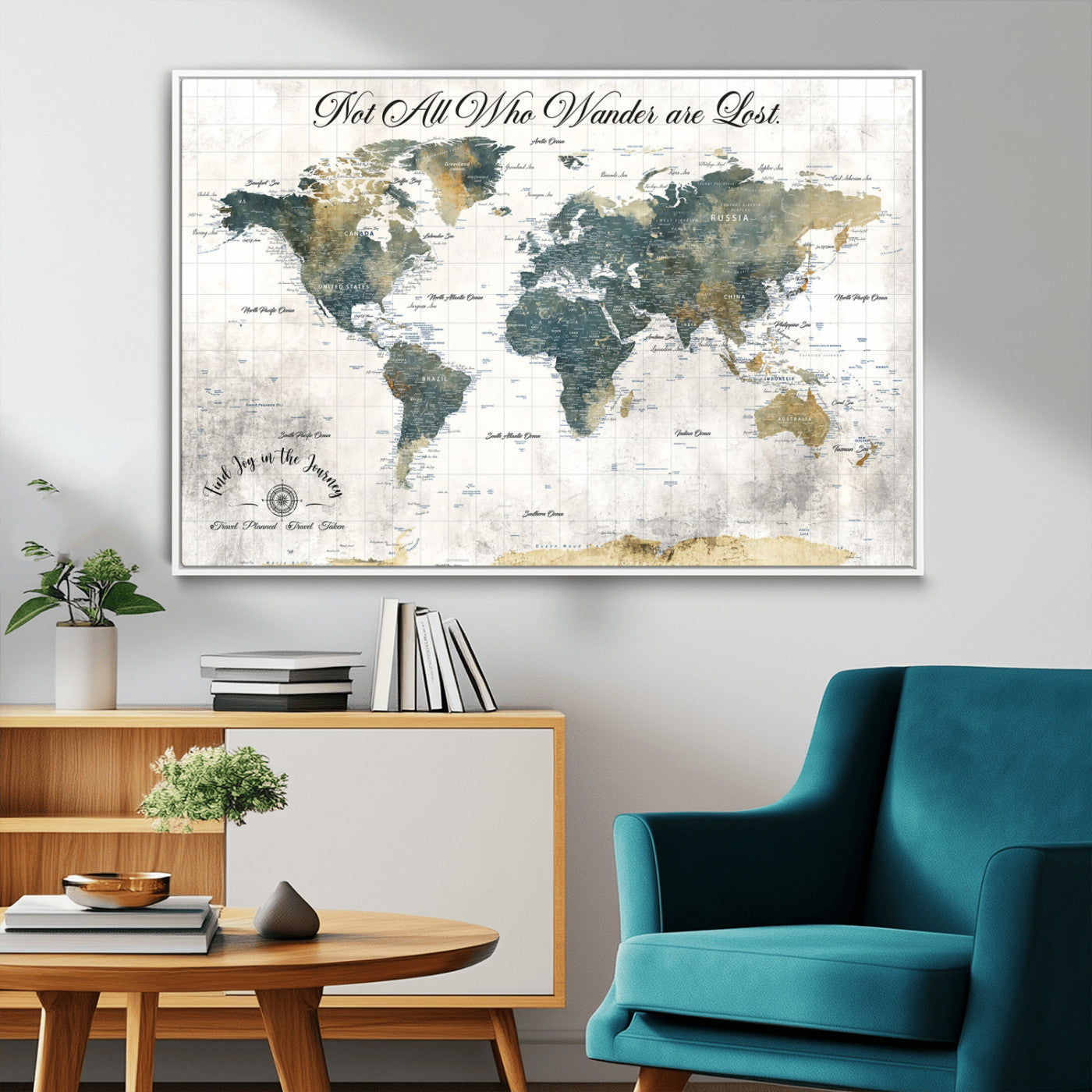 16233493-MGV-CV-36X24-Personalized World Map Wall Art – Rustic Blue Green Wanderlust Travel Map with Custom Couple Names, Vintage Wall Decor for Home
