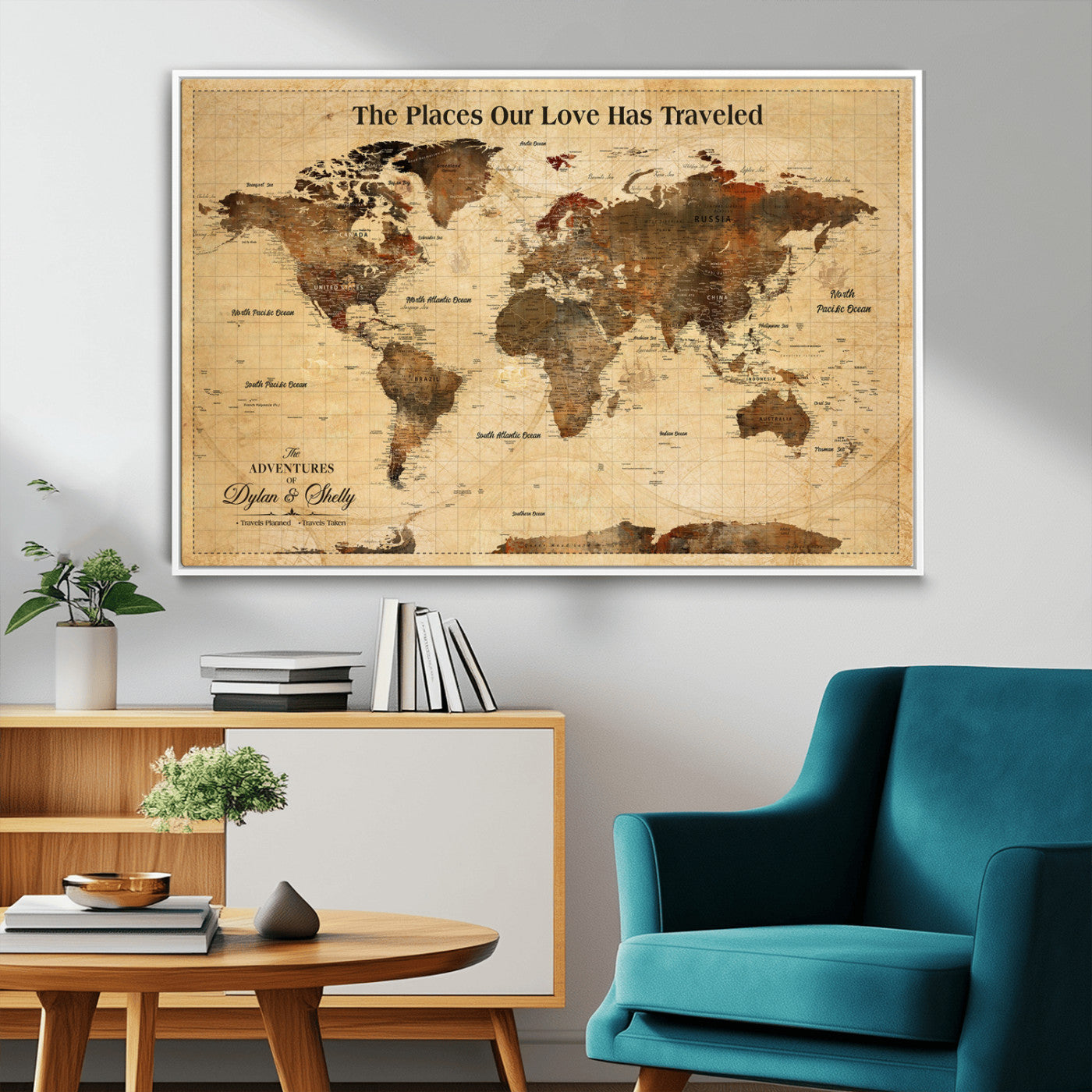 50680593-MGV-FC-36X24_White-Personalized World Map Wall Art – Rustic Brown Adventure Travel Map with Custom Names, Elegant Push Pin Canvas for Couples Home,