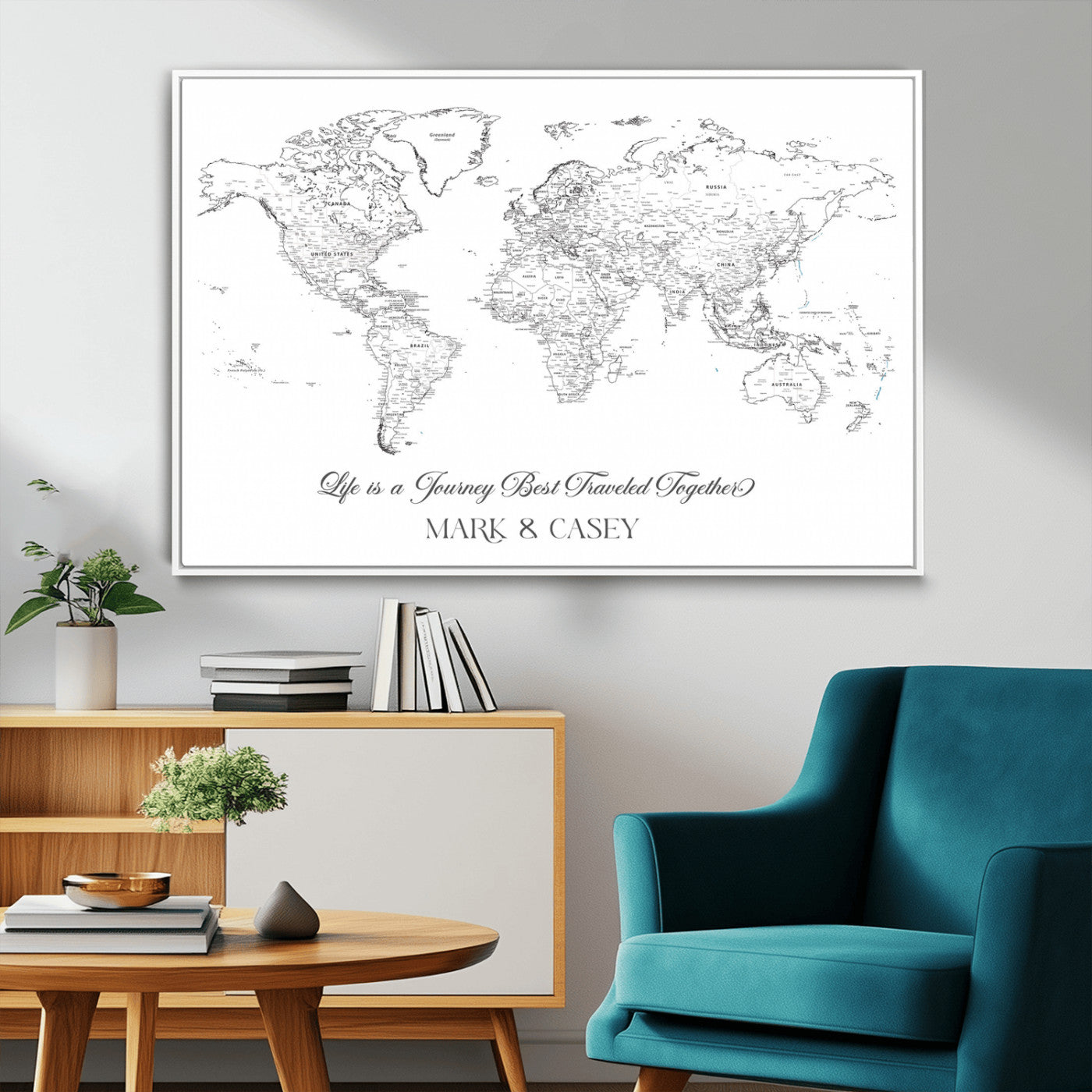 43438578-MGV-CV-36X24-Personalized World Map Wall Art – Black and White Minimal Travel Map with Custom Names, Elegant Wall Decor for Couples, Wedding or