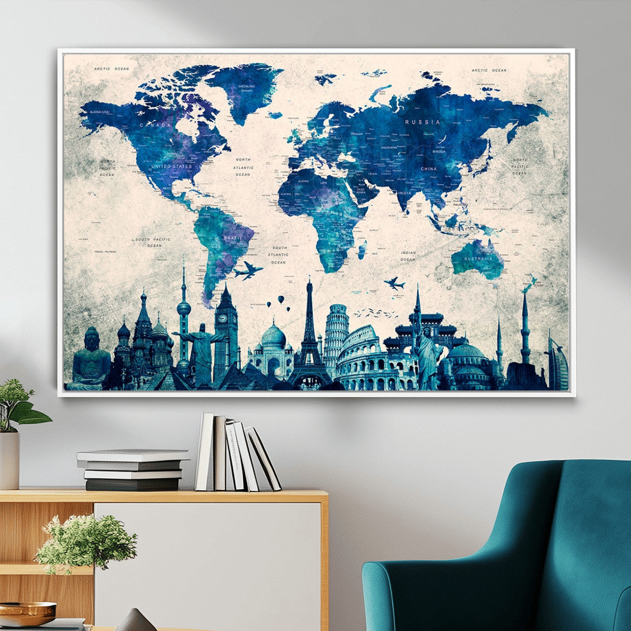 MGV-FC-36X24 - Blue World Map Wall Art Canvas Print, Framed Iconic Landmarks Art Picture Print, Blue Globe Map Perfect Elegant Explorer Decor Artwork