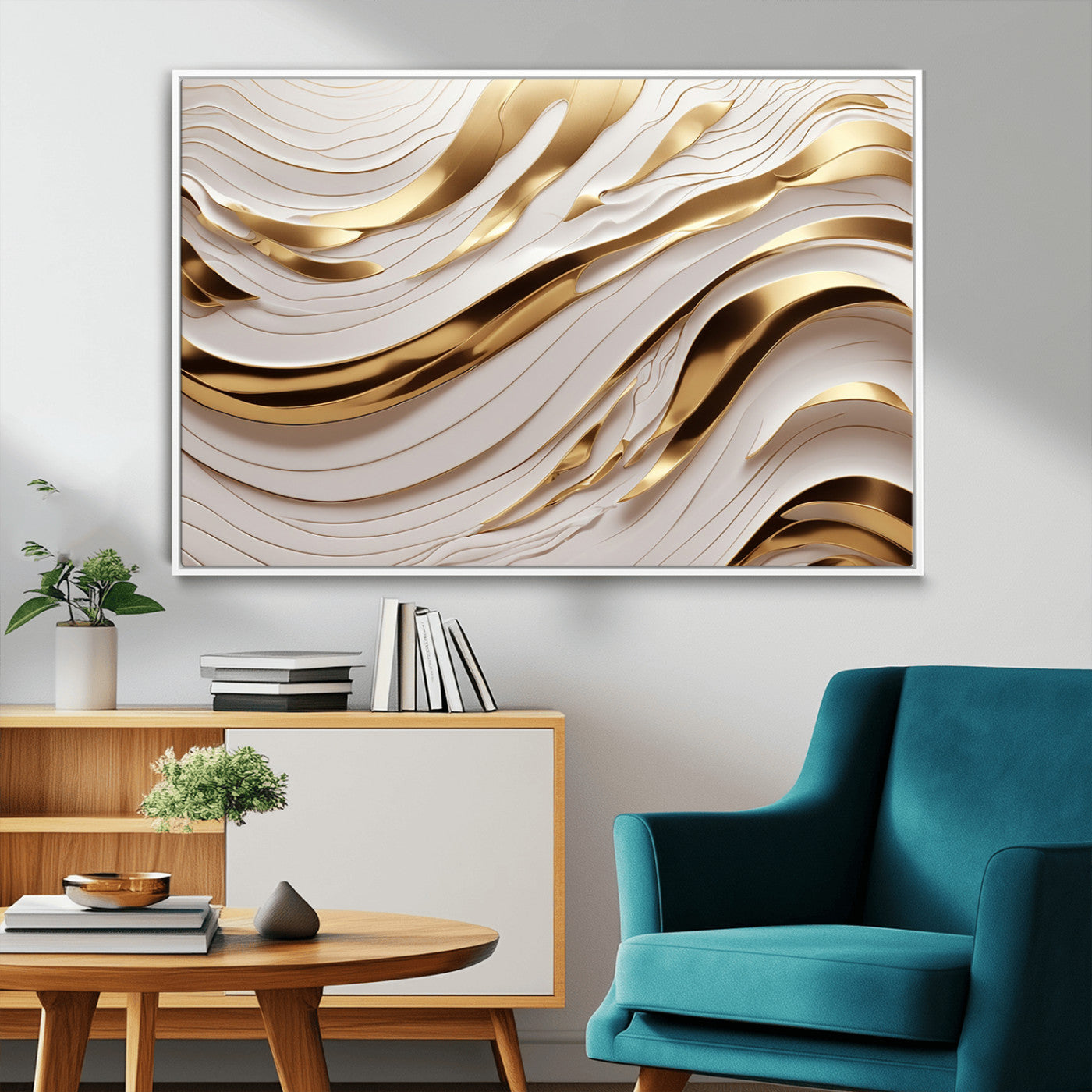 41237-MGV-FC-36X24_White-Gold Waves Wall Art Canvas Print, Framed Elegant Flow Art Picture Print, Luxury Layers Perfect Minimal Luxe Decor Artwork