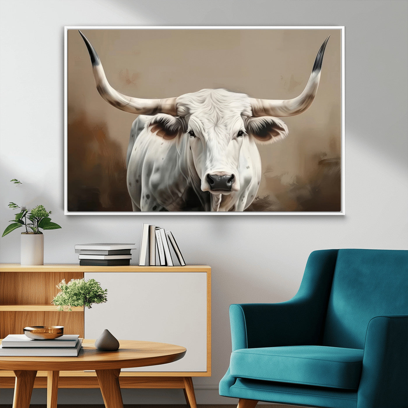 63550-MGV-FC-36X24_White-Texas Longhorn Wall Art Canvas Print, Framed White Bull Art Picture Print, Horned Cattle Perfect Rustic Western Decor Artwork