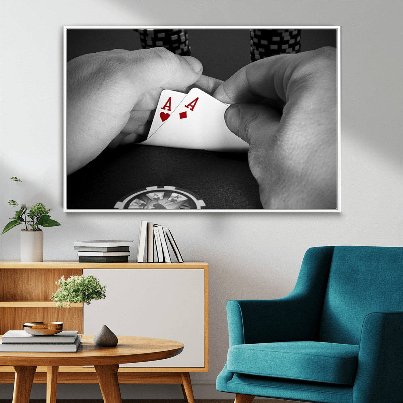 62460-MGV-CV-36X24-Poker Game Wall Art – Close Up of Hands Holding Aces with Chips, Casino Style Decor for Game Room, Man Cave or Office