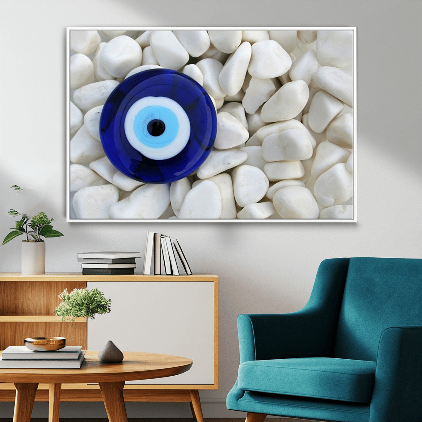 48883-MGV-FC-36X24_White-Evil Eye Wall Art – Deep Blue Symbol of Presence and Calm on White Stones, Subtle Spiritual Decor for Entryway, Studio, Office or