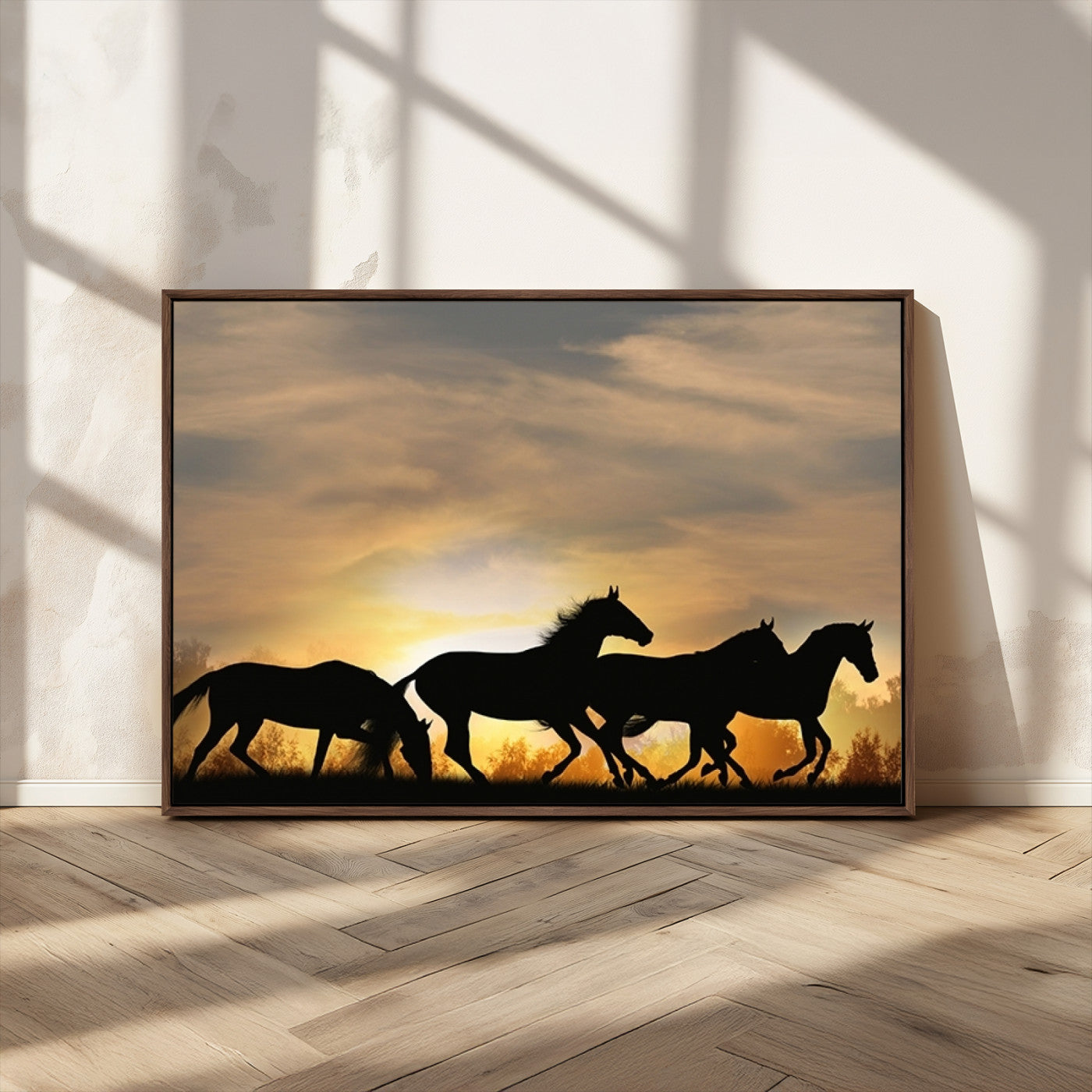 16620-MGV-CV-36X24-Sunset Stallions Wall Art – Silhouetted Horses Running Canvas Print, Nature’s Rhythm, Perfect for Living Room, Office, or Man Cave
