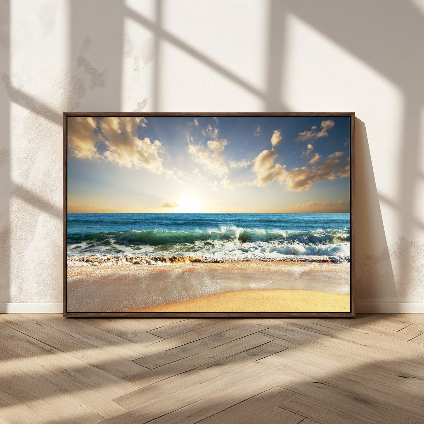 13139-MGV-CV-36X24-Sunrise Beach Wall Art – Ocean Waves and Golden Sand Canvas Print, Coastal Home Decor for Living Room, Bedroom, or Office