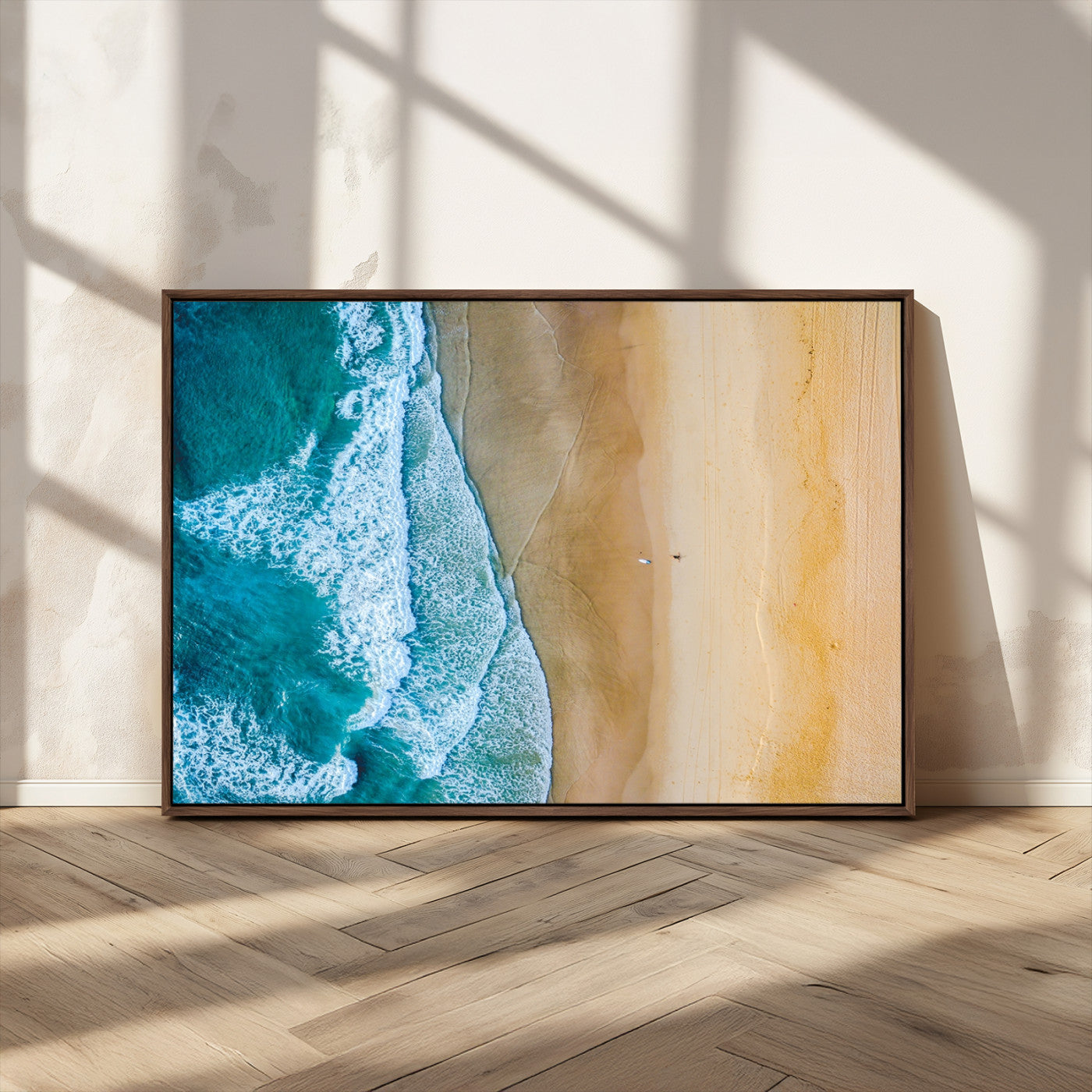 46640-MGV-CV-36X24-Aerial Beach Wall Art – Turquoise Waves and Golden Sand Canvas Print with Lone Surfer, Coastal Ocean Decor for Living Room,