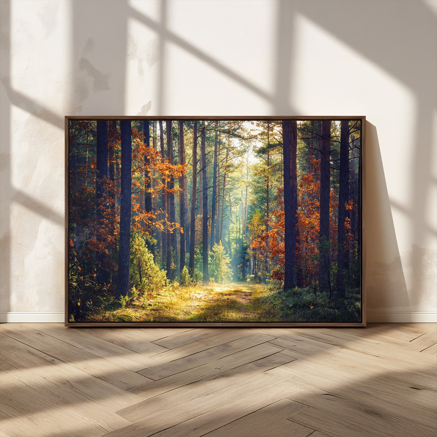86249-MGV-CV-36X24-Sunlit Autumn Forest Path Wall Art – Peaceful Nature Scene with Fall Foliage, Calming Woods Decor for Home or Office