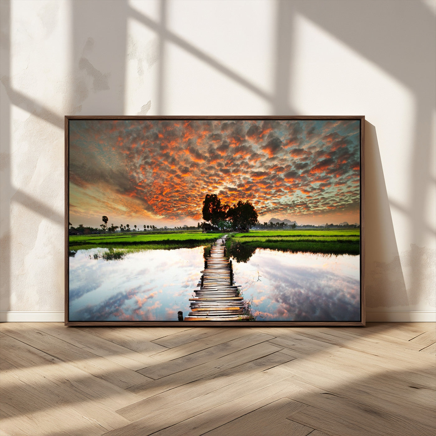 29105-MGV-CV-36X24-Rustic Wooden Bridge Wall Art – Scenic Sunset Over Rice Fields and Reflective Water Canvas Print, Nature Landscape Decor for