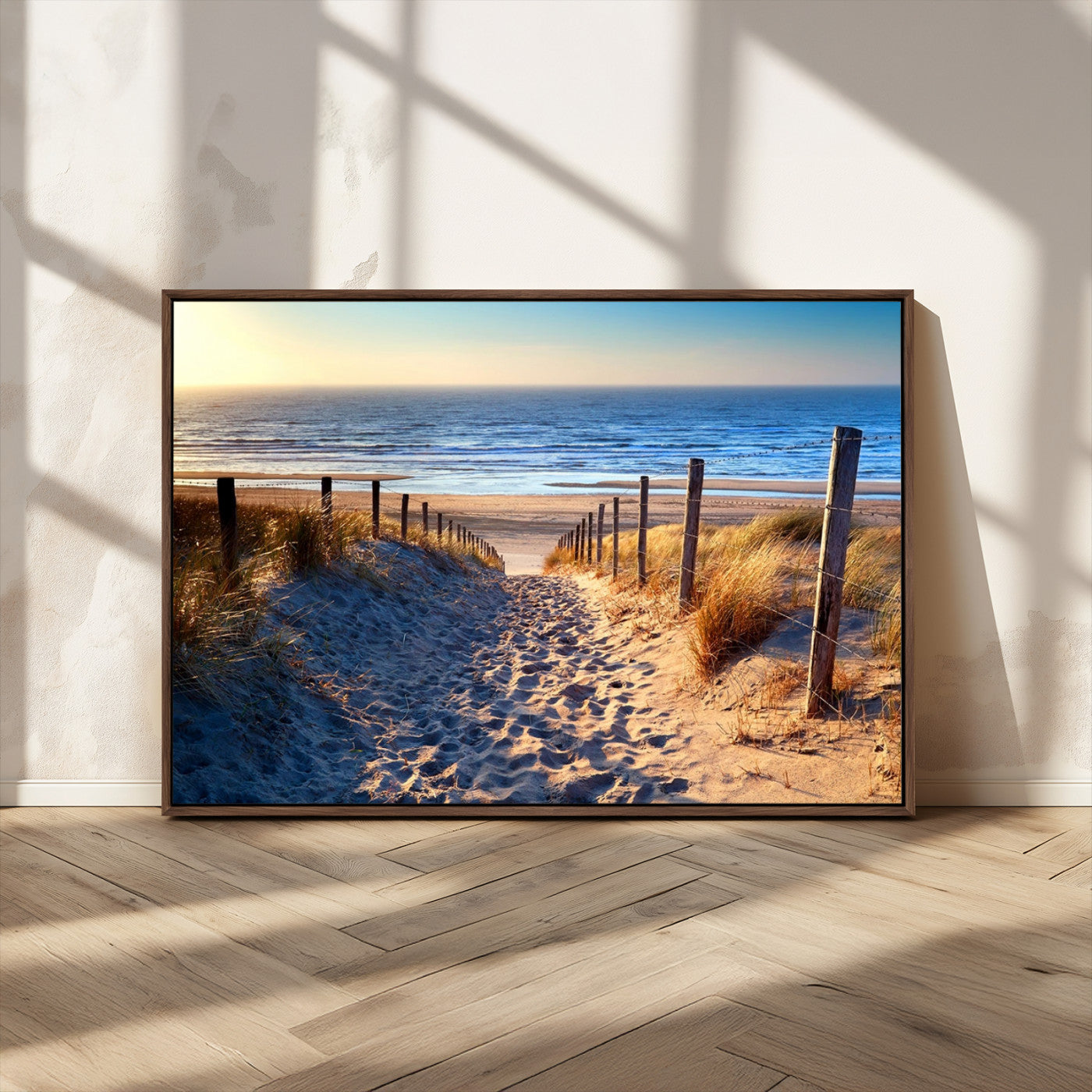 31889-MGV-CV-36X24-Sandy Beach Pathway Wall Art – Coastal Dune Fence and Ocean View Canvas Print, Relaxing Seaside Landscape Decor for Living Room or